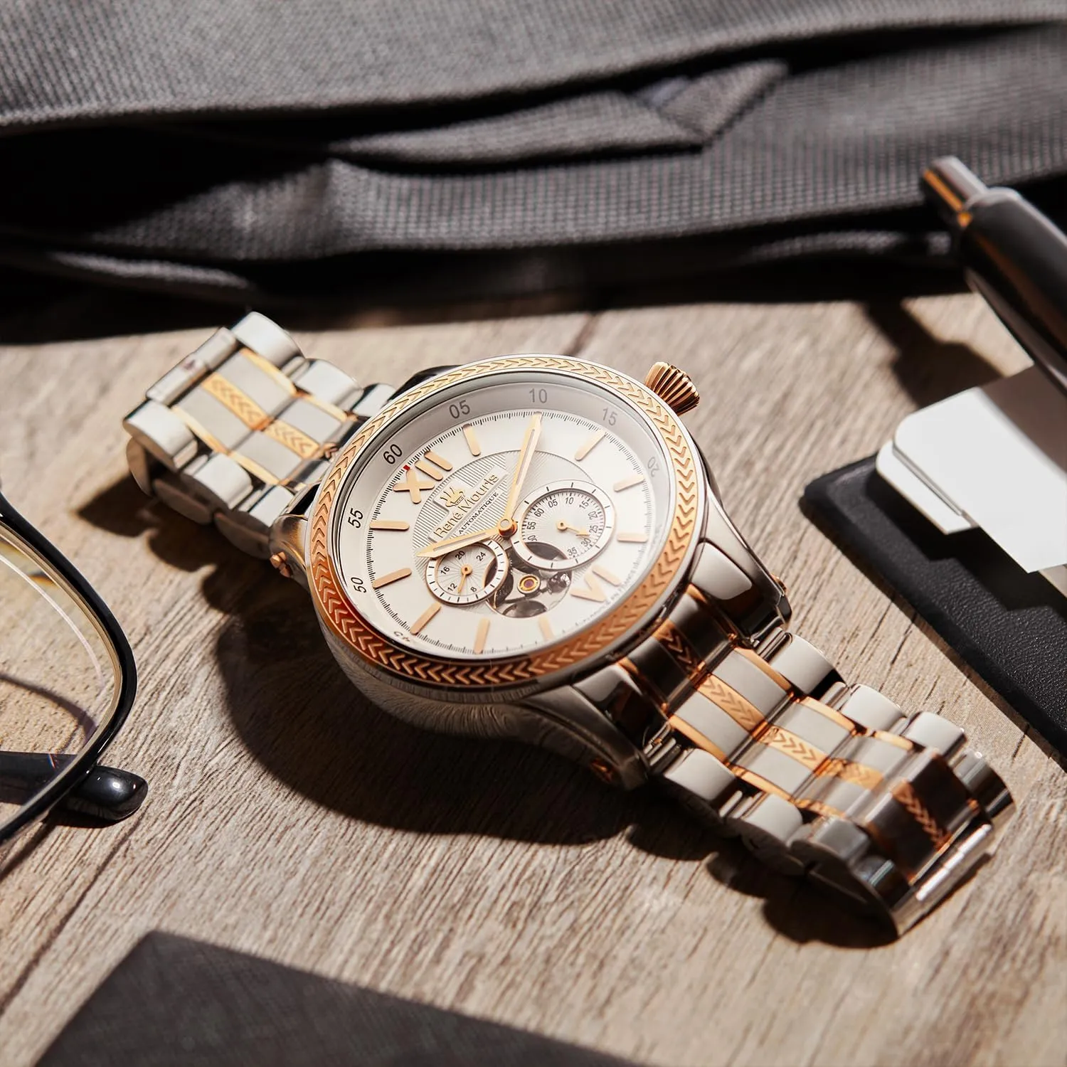 Waterproof Wrist Watches with 316L chaos metric Stainless Steel Band. Ren?? Mouris Corona Automatic Watches for Men - 44MM 316L Stainless Steel Semi Skeleton Watch - Sapphire Coated Mineral Crystal - 100M 