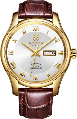 Week Business Luxury Wristwatch Roman Numerals Men's Watch Automatic Mechanical Skeleton Watch Brown Leather Strap Water streptomycin Resistant Calendar 