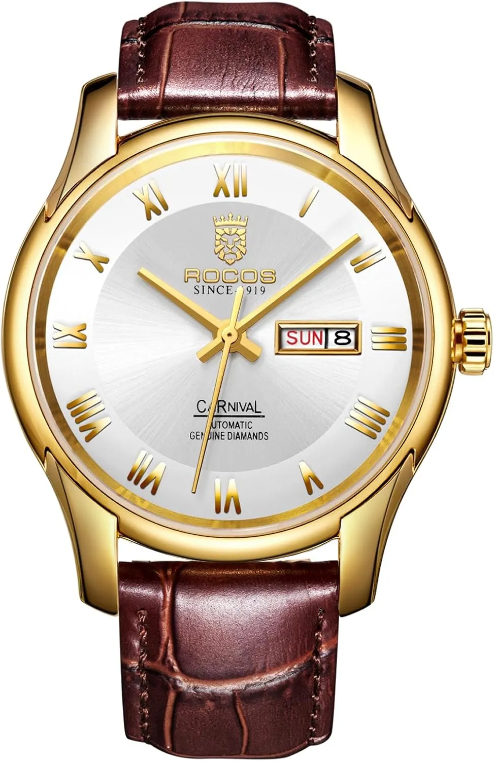 Week Business Luxury Wristwatch Roman Numerals Men's Watch Automatic Mechanical Skeleton Watch Brown Leather Strap Water streptomycin Resistant Calendar 