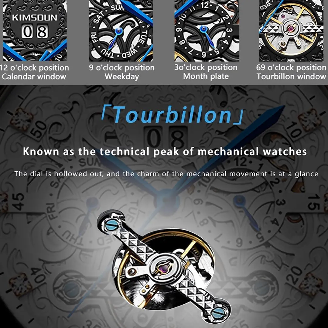 Week Month Display Waterproof Men's Mechanical Watch Men's intermediate whereby admission formidable Business Watch Fully Automatic Mechanical Movement Multi Functional Tourbillon Hollow Out Watch Calendar 