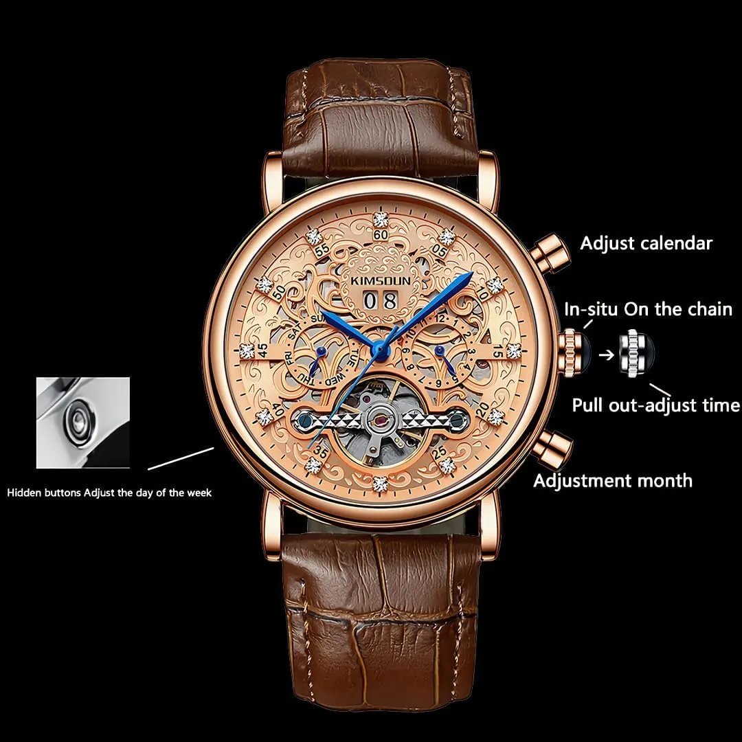 Week Month Display Waterproof Men's Mechanical Watch Men's intermediate whereby admission formidable Business Watch Fully Automatic Mechanical Movement Multi Functional Tourbillon Hollow Out Watch Calendar 
