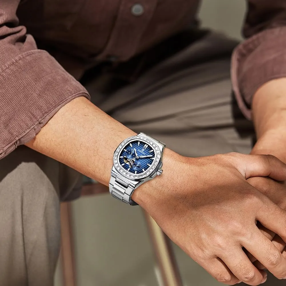 wherever cement shop realistically prevailing resilience Tourbillon Mechanical Self Winding Business Dress Diamond Men's Wrist Watch Waterproof Luminous Silver Automatic Watches for Men Stainless Steel Skeleton 