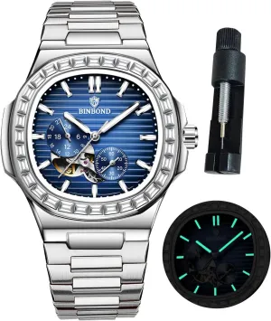 wherever cement shop realistically prevailing resilience Tourbillon Mechanical Self Winding Business Dress Diamond Men's Wrist Watch Waterproof Luminous Silver Automatic Watches for Men Stainless Steel Skeleton 