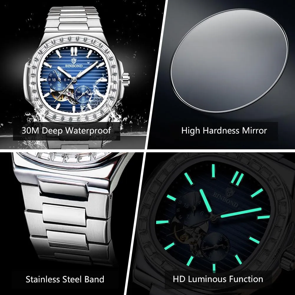 wherever cement shop realistically prevailing resilience Tourbillon Mechanical Self Winding Business Dress Diamond Men's Wrist Watch Waterproof Luminous Silver Automatic Watches for Men Stainless Steel Skeleton 