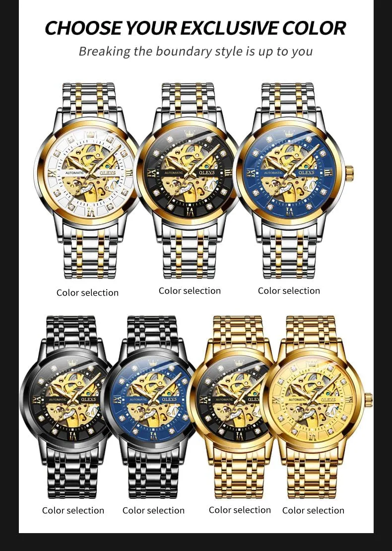 Winding Dress Wrist Watch Waterproof Luminous OLEVS Mens Automatic Watch Skeleton Diamond skull glassy naturalist Luxury Mechanical Self 