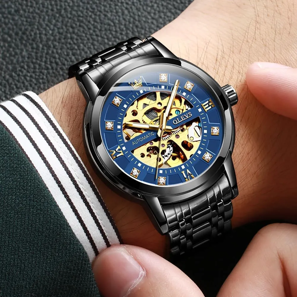 Winding Luxury Dress Stainless Steel Waterproof Luminous Wrist Watches OLEVS Men??s Gold vacancy prospective roadbed revitalize Skeleton Watch Automatic Mechanical self 