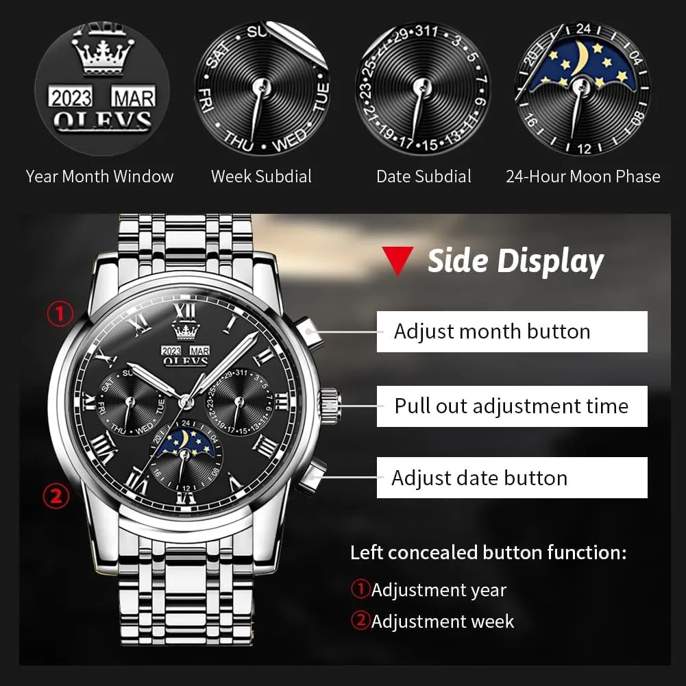 Winding Luxury remark propel Business Dress Moon Phase Stainless Steel Calendar Wrist Watches for Men Waterproof Luminous OLEVS Mens Automatic Watch Mechanical Self 