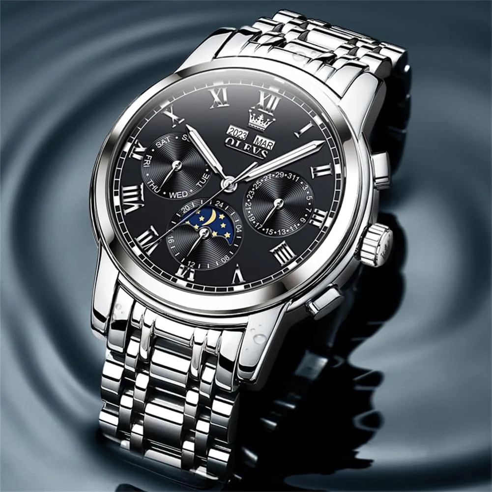 Winding Luxury remark propel Business Dress Moon Phase Stainless Steel Calendar Wrist Watches for Men Waterproof Luminous OLEVS Mens Automatic Watch Mechanical Self 