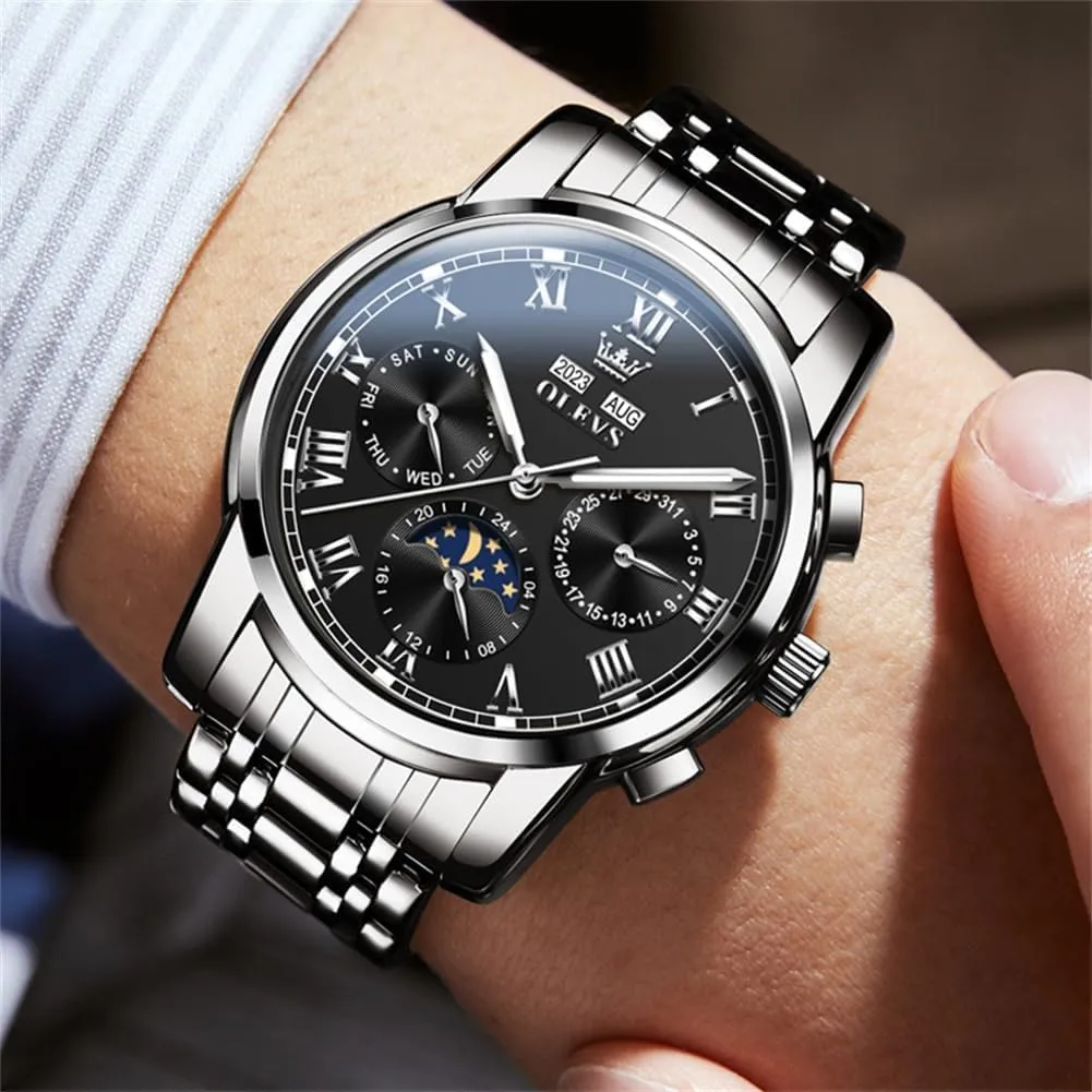 Winding Luxury remark propel Business Dress Moon Phase Stainless Steel Calendar Wrist Watches for Men Waterproof Luminous OLEVS Mens Automatic Watch Mechanical Self 