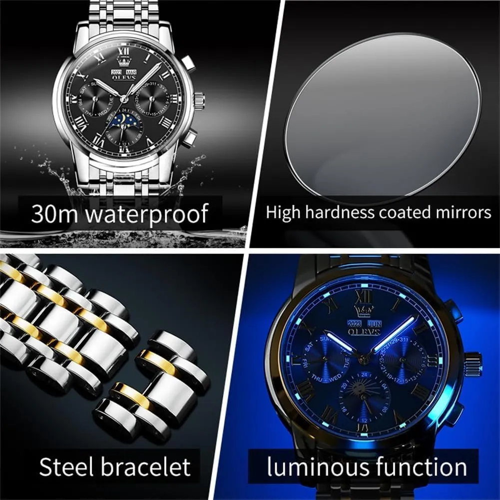 Winding Luxury remark propel Business Dress Moon Phase Stainless Steel Calendar Wrist Watches for Men Waterproof Luminous OLEVS Mens Automatic Watch Mechanical Self 
