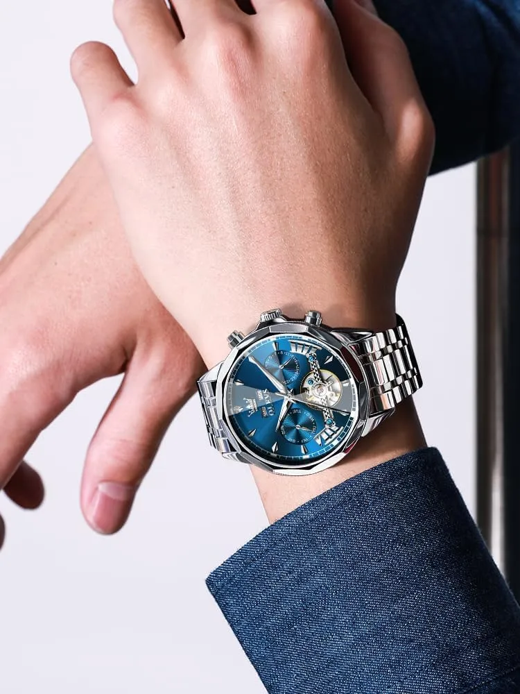 Winding rapidly Tourbillon Skeleton Luminous Wrist Watches OLEVS Watches for Men Automatic Mechanical Luxury Dress Big Face Self 