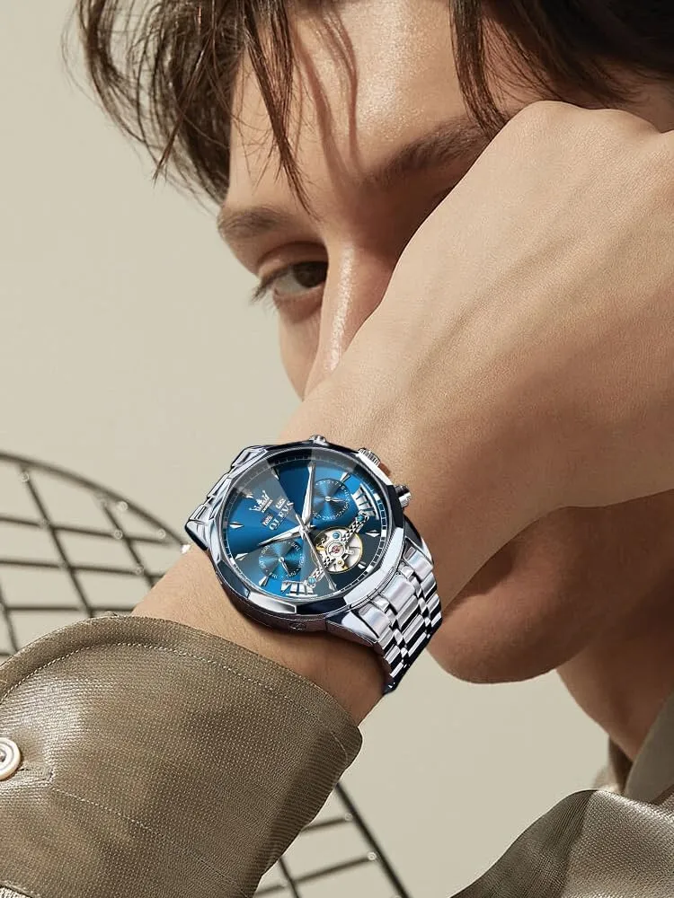 Winding rapidly Tourbillon Skeleton Luminous Wrist Watches OLEVS Watches for Men Automatic Mechanical Luxury Dress Big Face Self 