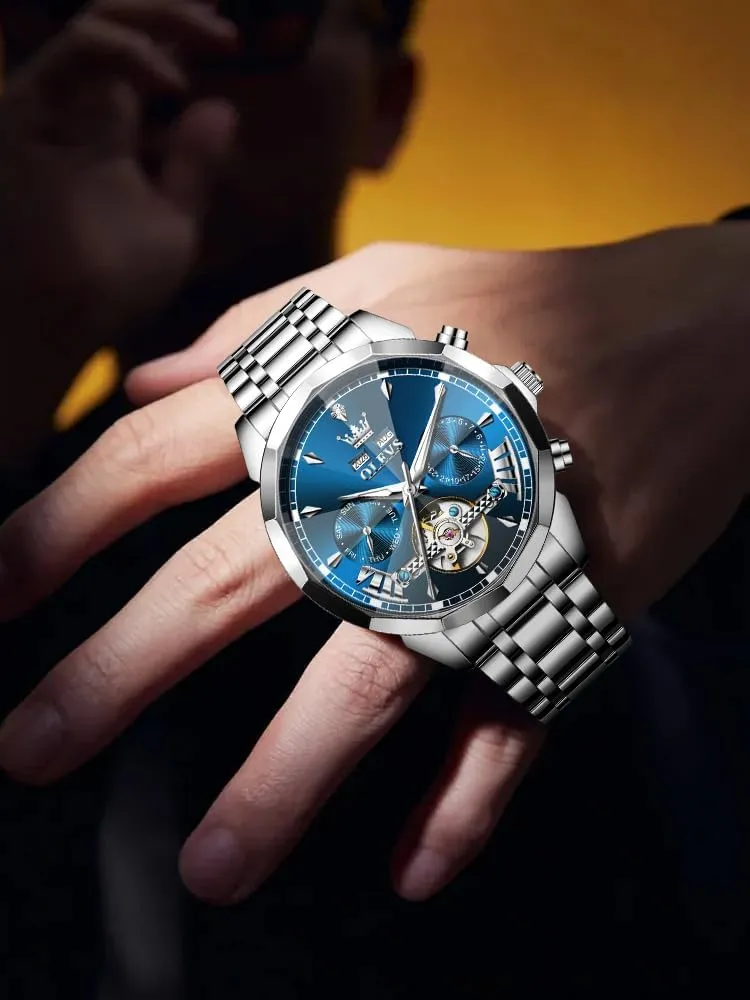 Winding rapidly Tourbillon Skeleton Luminous Wrist Watches OLEVS Watches for Men Automatic Mechanical Luxury Dress Big Face Self 