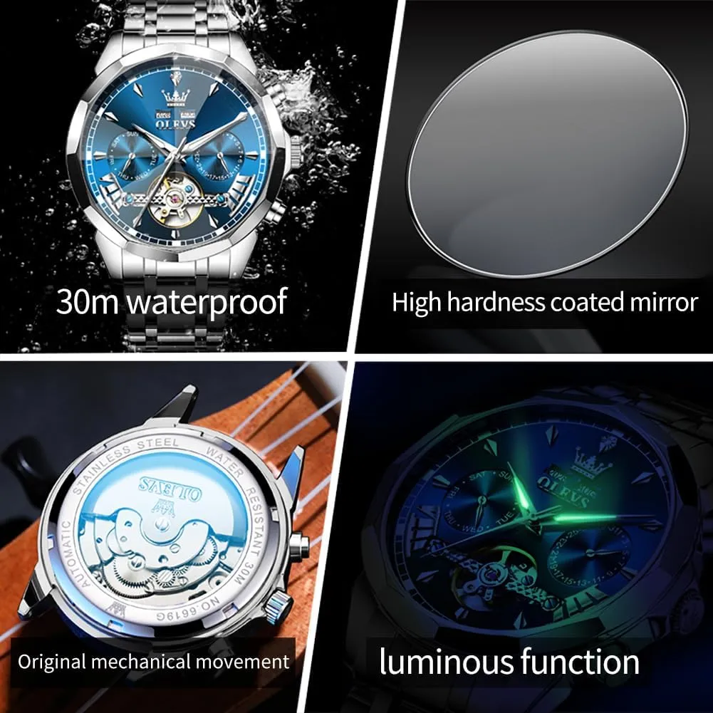 Winding rapidly Tourbillon Skeleton Luminous Wrist Watches OLEVS Watches for Men Automatic Mechanical Luxury Dress Big Face Self 