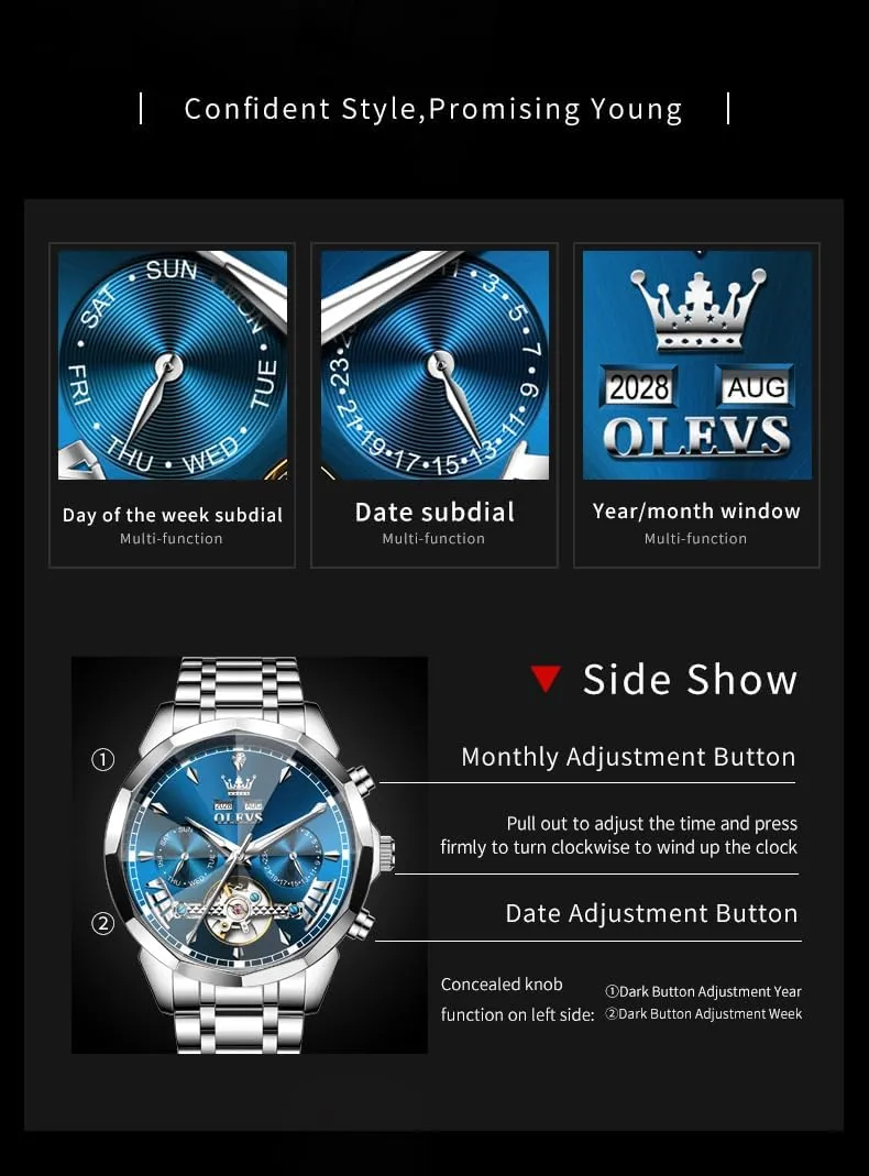 Winding rapidly Tourbillon Skeleton Luminous Wrist Watches OLEVS Watches for Men Automatic Mechanical Luxury Dress Big Face Self 