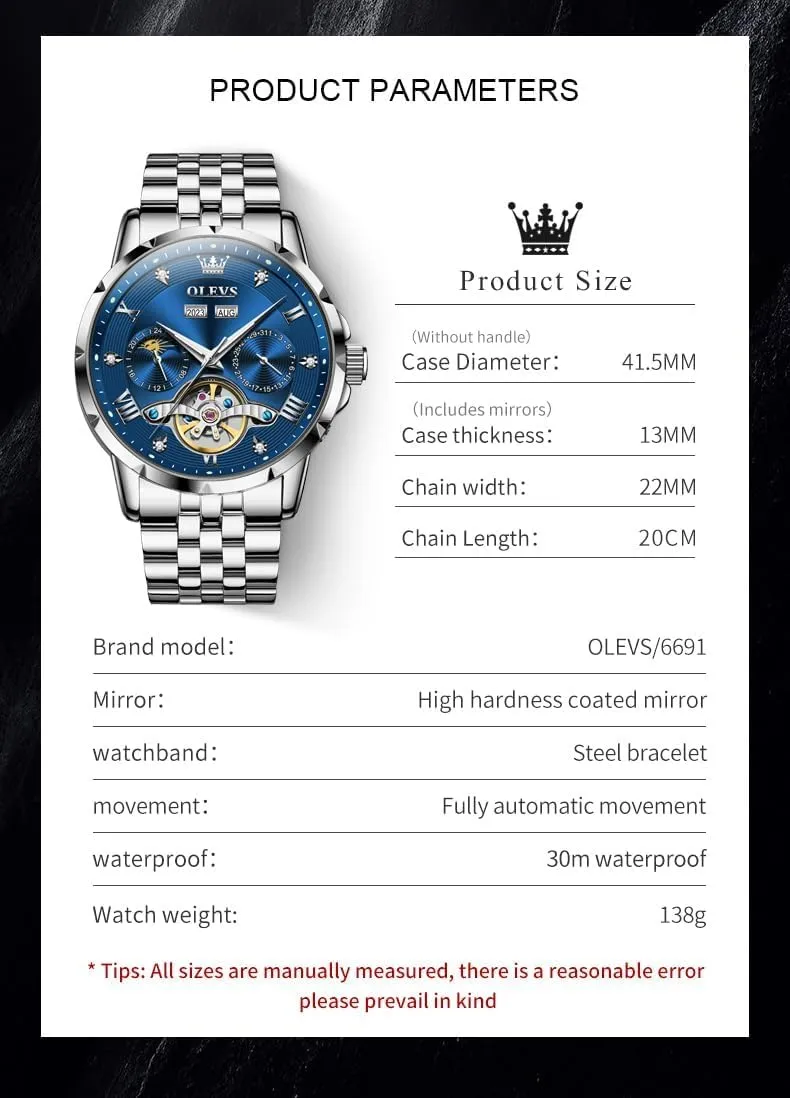 Winding Skeleton Tourbillion Stainless Steel Original blast radiocarbon Korean Watches for Men OLEVS Mens Automatic Watch Luxury Dress Diamond Self 