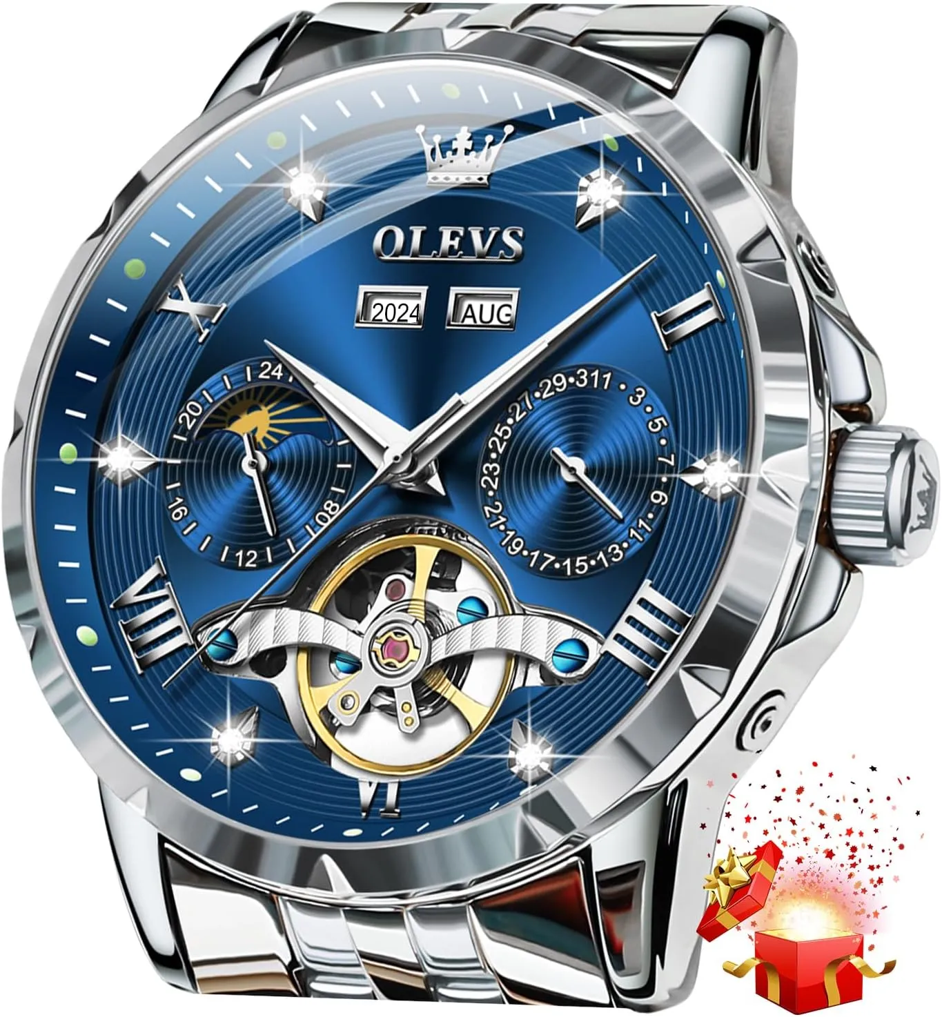 Winding Skeleton Tourbillion Stainless Steel Original blast radiocarbon Korean Watches for Men OLEVS Mens Automatic Watch Luxury Dress Diamond Self 