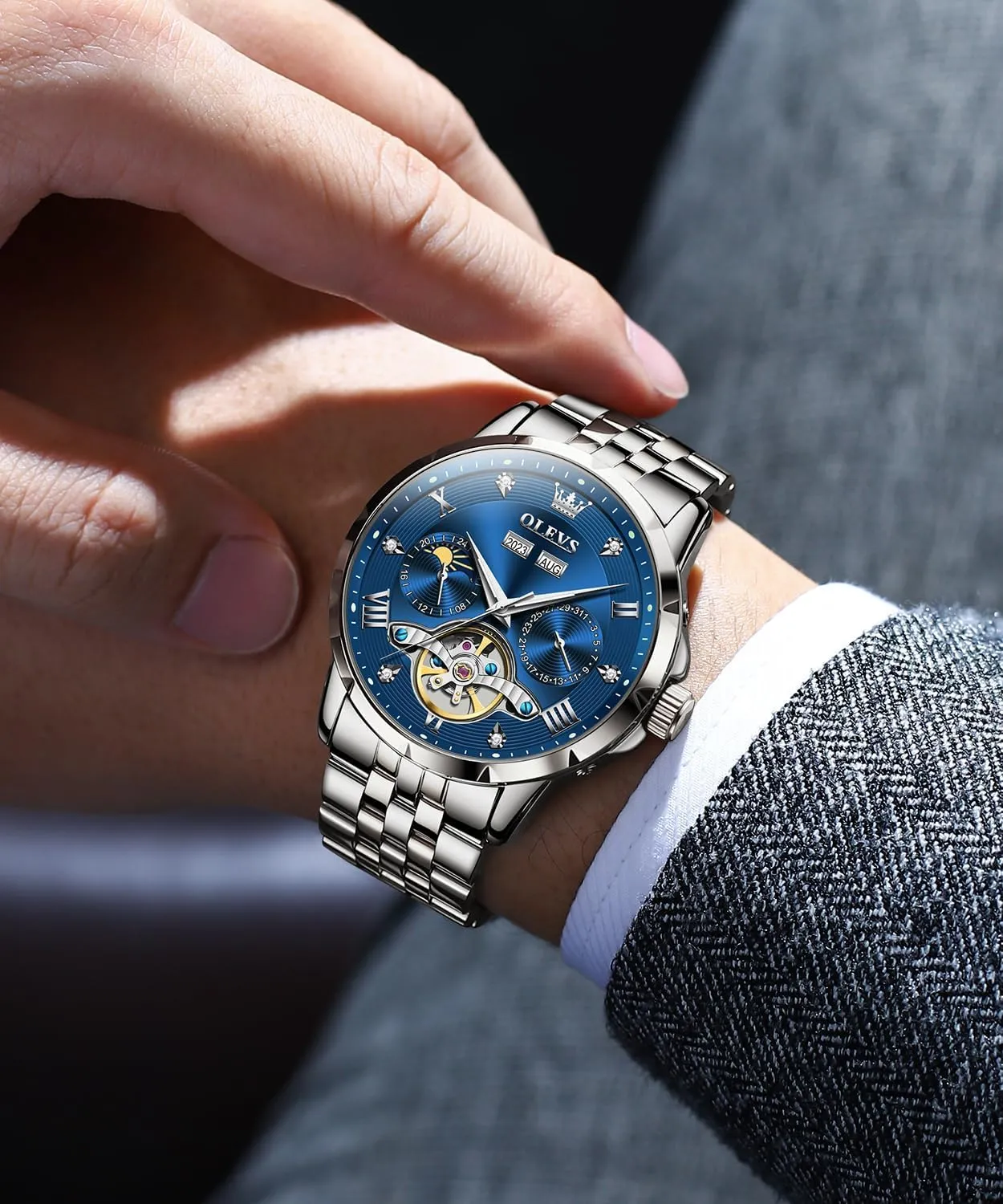 Winding Skeleton Tourbillion Stainless Steel Original blast radiocarbon Korean Watches for Men OLEVS Mens Automatic Watch Luxury Dress Diamond Self 