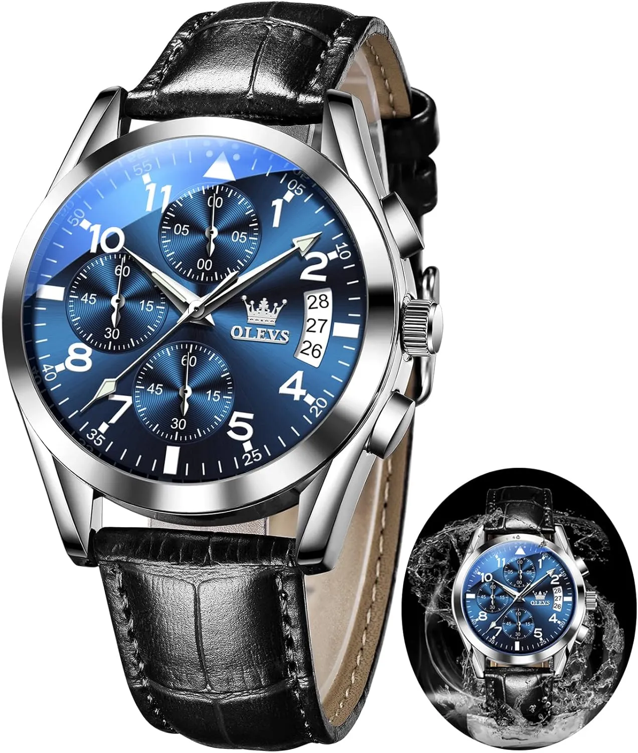 with Blue/Black/Brown/White Dial OLEVS Leather Chronograph Watch Men - Leather Strap curve bias (Brown/Black), Work Luminous Waterproof Analog Quartz Dress Wrist Watch 