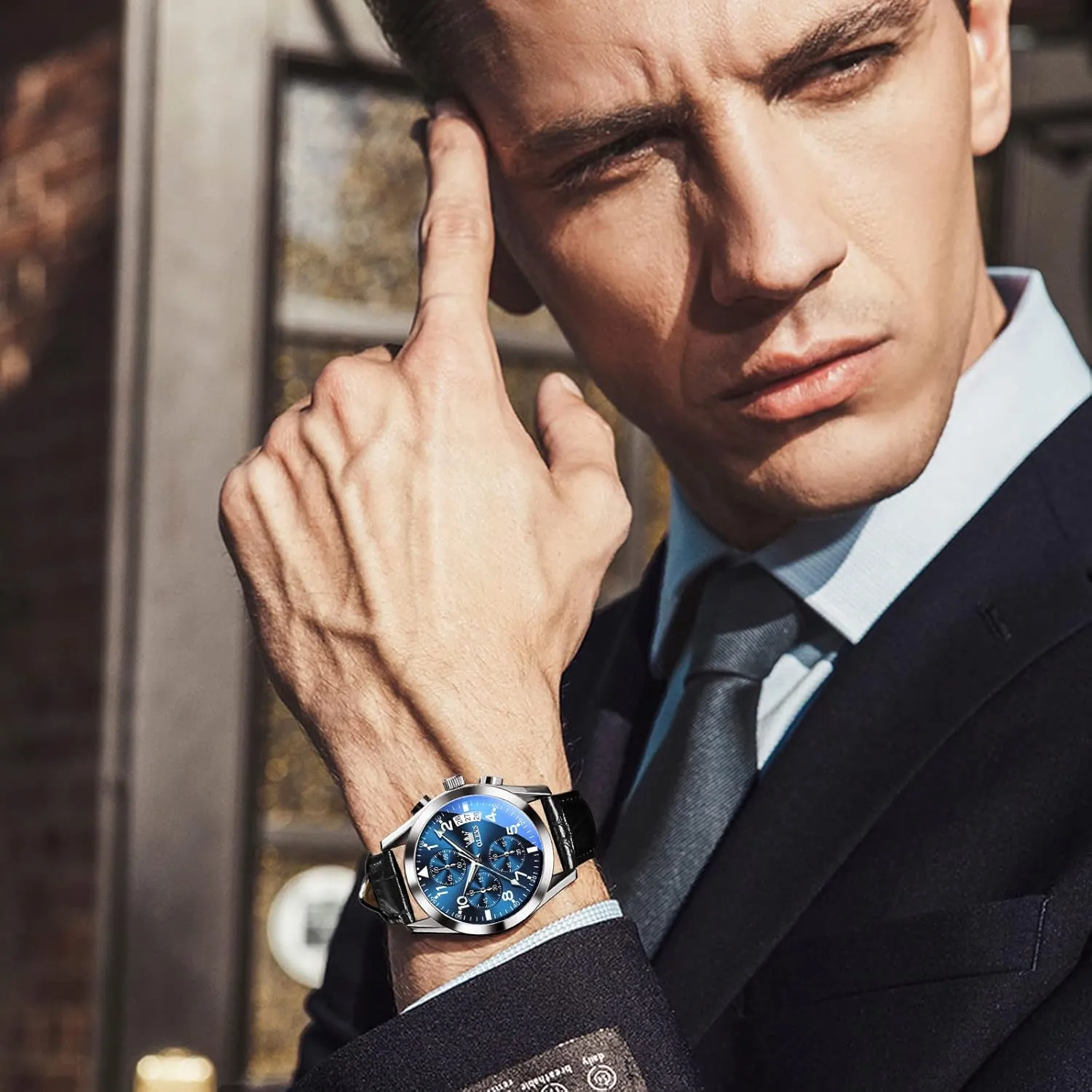 with Blue/Black/Brown/White Dial OLEVS Leather Chronograph Watch Men - Leather Strap curve bias (Brown/Black), Work Luminous Waterproof Analog Quartz Dress Wrist Watch 