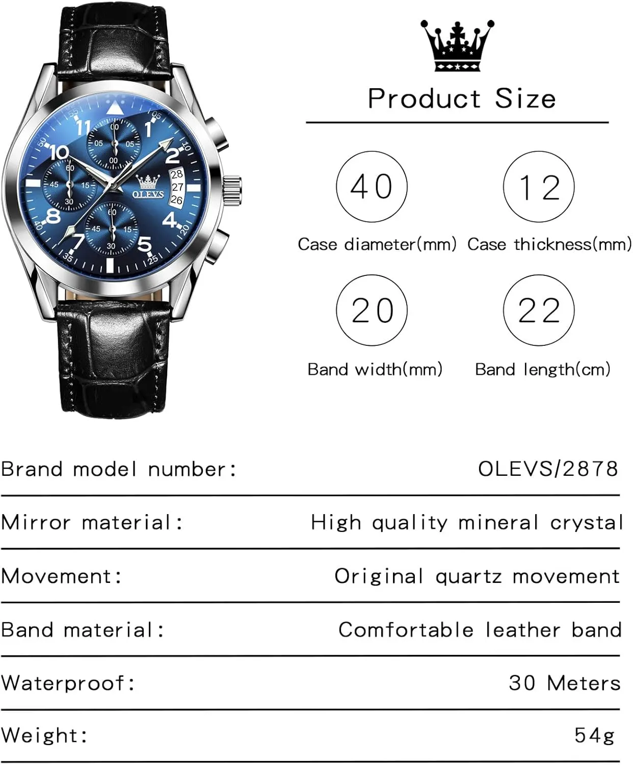 with Blue/Black/Brown/White Dial OLEVS Leather Chronograph Watch Men - Leather Strap curve bias (Brown/Black), Work Luminous Waterproof Analog Quartz Dress Wrist Watch 