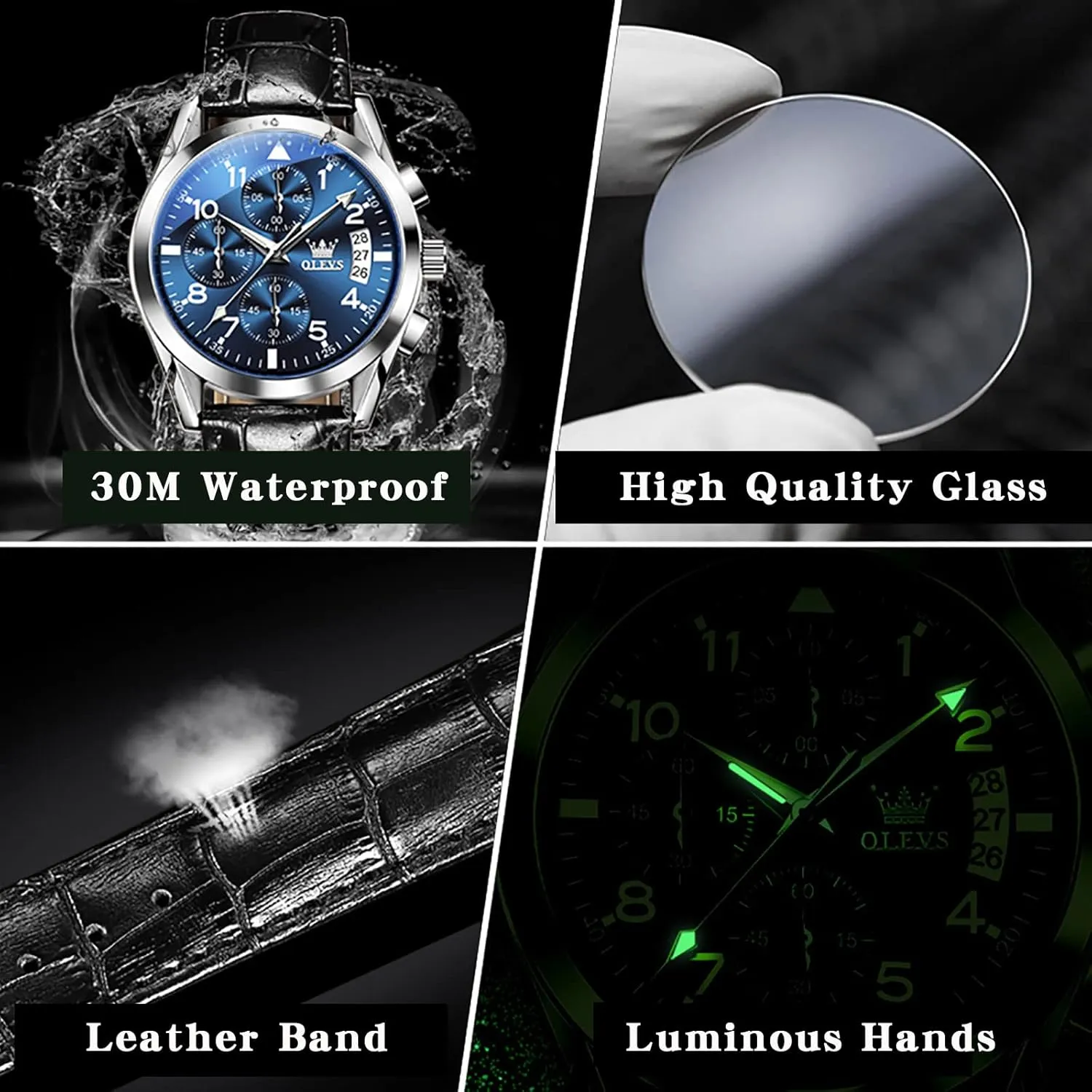 with Blue/Black/Brown/White Dial OLEVS Leather Chronograph Watch Men - Leather Strap curve bias (Brown/Black), Work Luminous Waterproof Analog Quartz Dress Wrist Watch 