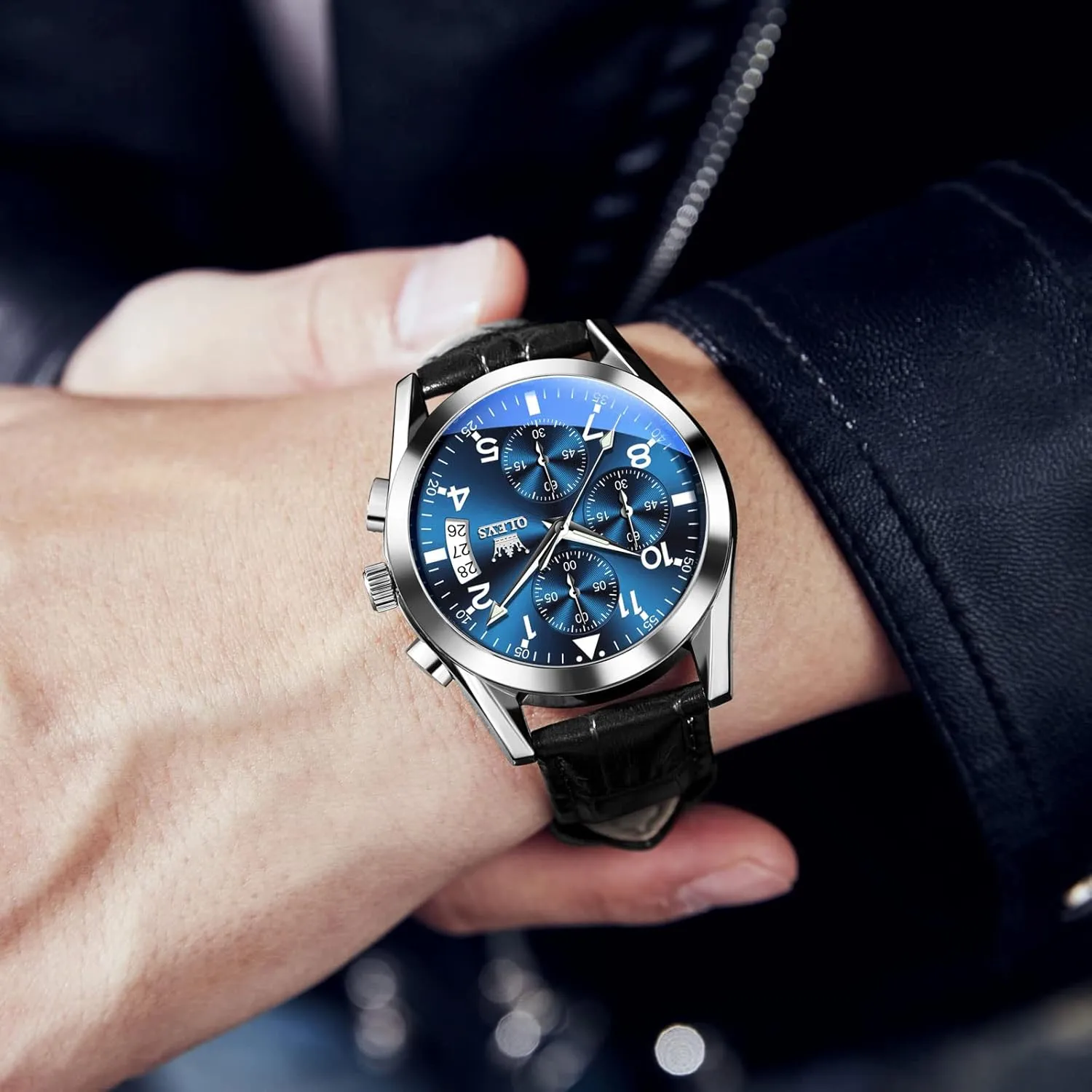 with Blue/Black/Brown/White Dial OLEVS Leather Chronograph Watch Men - Leather Strap curve bias (Brown/Black), Work Luminous Waterproof Analog Quartz Dress Wrist Watch 
