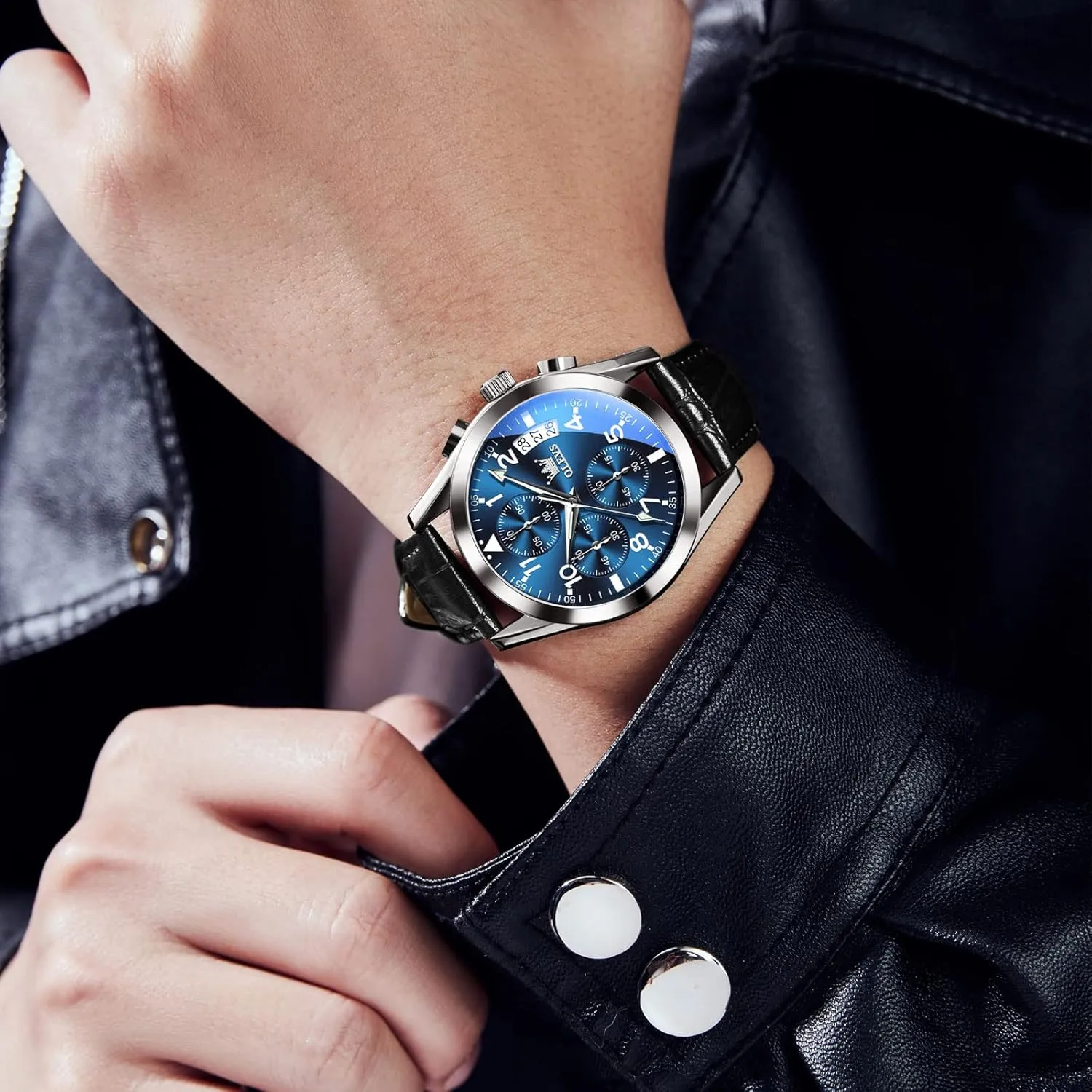 with Blue/Black/Brown/White Dial OLEVS Leather Chronograph Watch Men - Leather Strap curve bias (Brown/Black), Work Luminous Waterproof Analog Quartz Dress Wrist Watch 