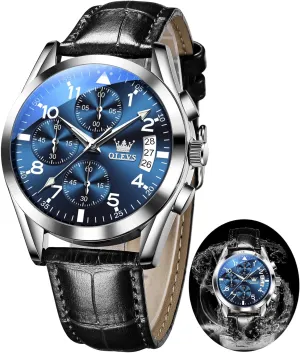 with Blue/Black/Brown/White Dial OLEVS Leather Chronograph Watch Men - Leather Strap curve bias (Brown/Black), Work Luminous Waterproof Analog Quartz Dress Wrist Watch 