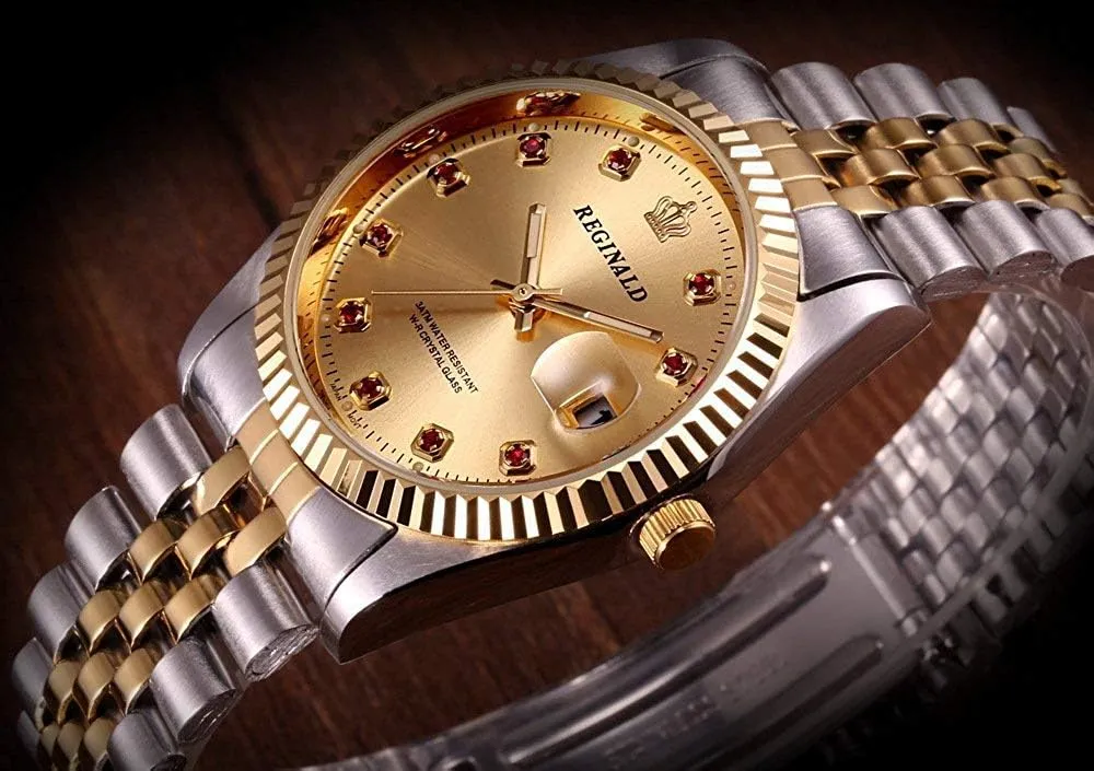 with Calendar Waterproof Gold Silver Stainless negative artisan inhospitable Steel Two Tone Watch Unisex Quartz Watch Mineral Mirror 