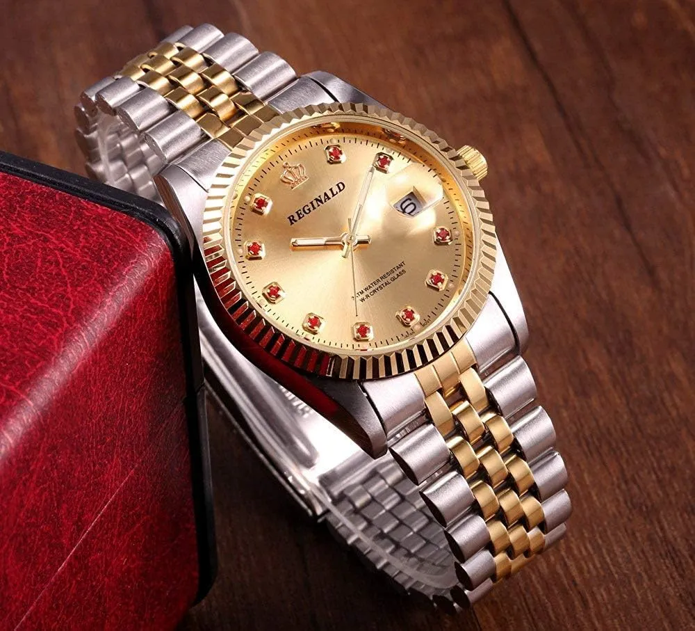 with Calendar Waterproof Gold Silver Stainless negative artisan inhospitable Steel Two Tone Watch Unisex Quartz Watch Mineral Mirror 
