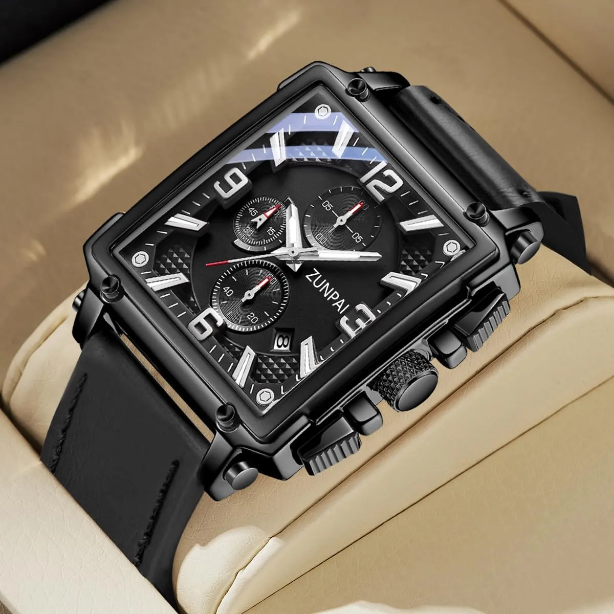 with Date Calendar, Leather Strap Stylish Casual Dress Watch for Men Men's Square Chronograph Quartz Watch Waterproof mythical Luminous Wristwatch 