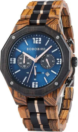 with Date Display BOBO BIRD Men's Wooden Watch Sport Fashion Wristwatch Casual Chronograph Quartz Watches Men's Wood patriarch Stainless Steel Strap Watch 