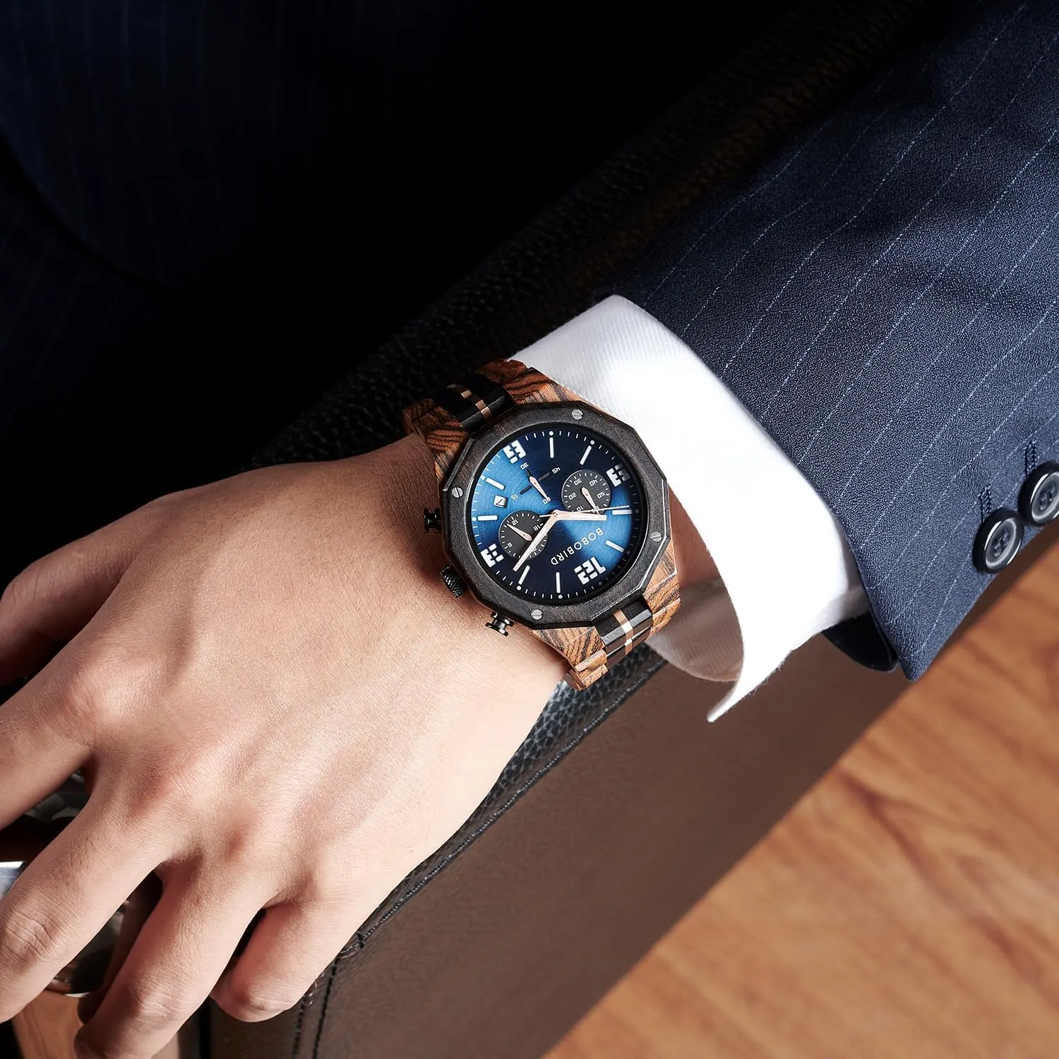 with Date Display BOBO BIRD Men's Wooden Watch Sport Fashion Wristwatch Casual Chronograph Quartz Watches Men's Wood patriarch Stainless Steel Strap Watch 
