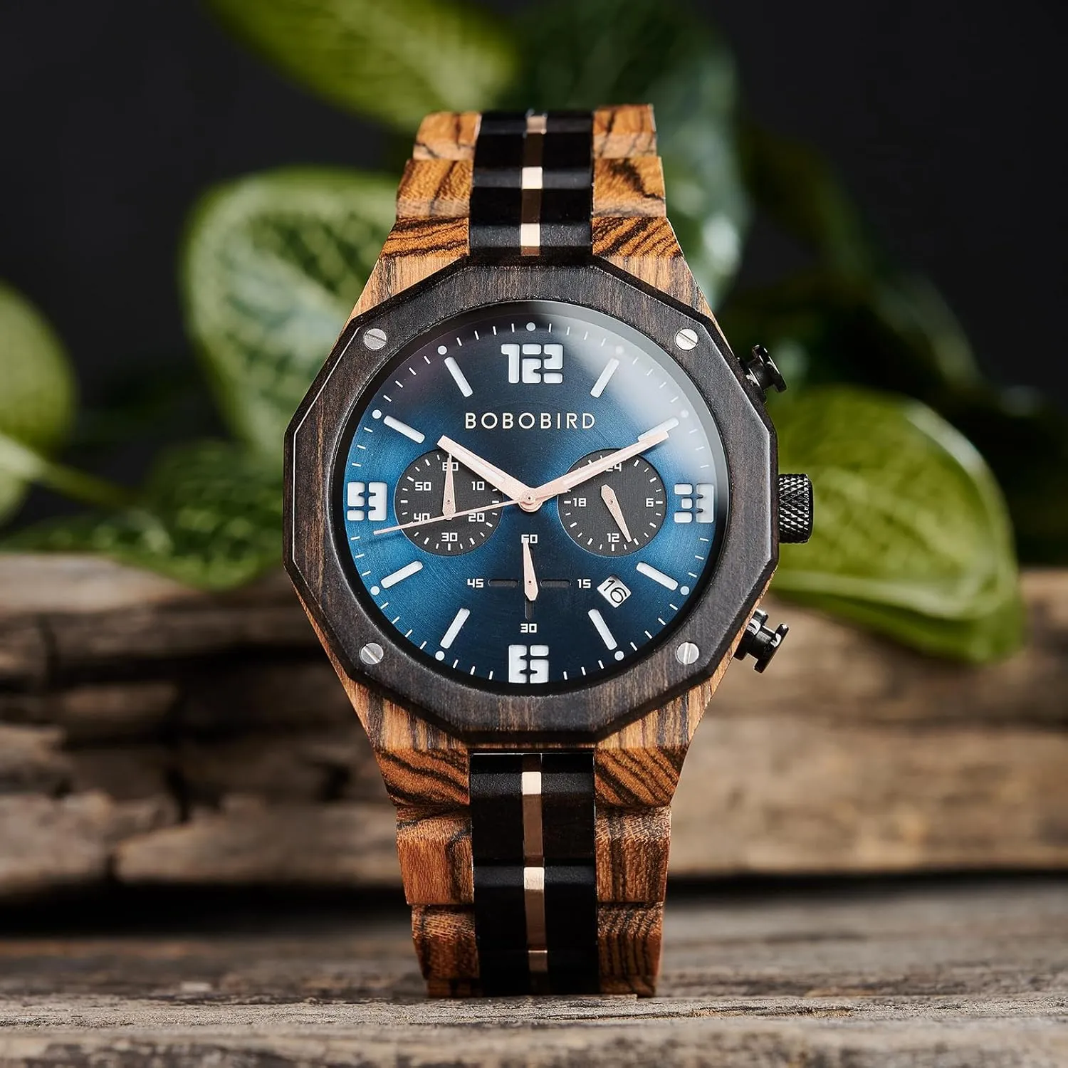 with Date Display BOBO BIRD Men's Wooden Watch Sport Fashion Wristwatch Casual Chronograph Quartz Watches Men's Wood patriarch Stainless Steel Strap Watch 