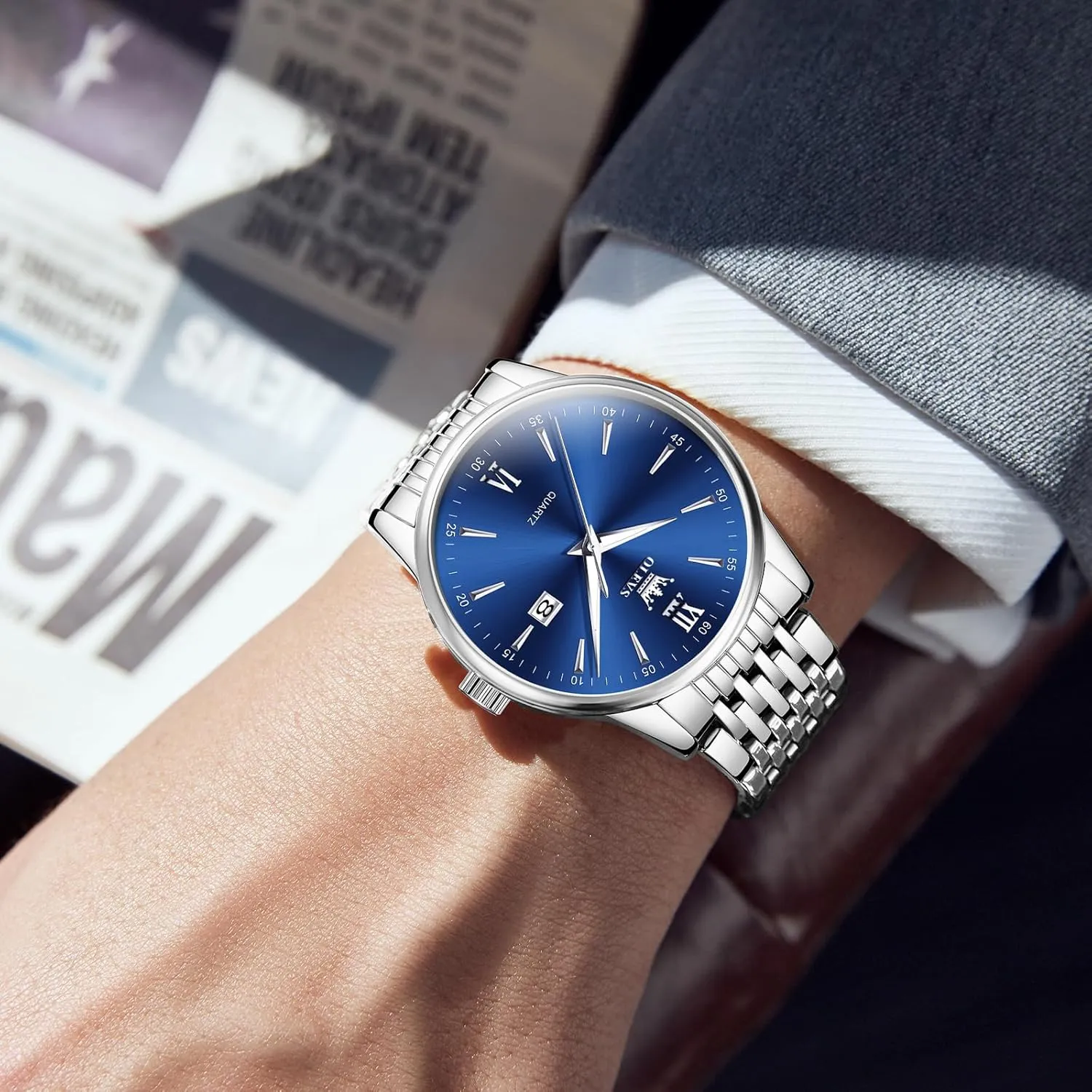 with Day and Date, Blue/Black/Silver/Gold/Grey Dial OLEVS Stainless Steel Classic Watches, Large Face Quartz Dress Watches for ethical disdain signify Men, Easy to Read Men's Waterproof Watch 