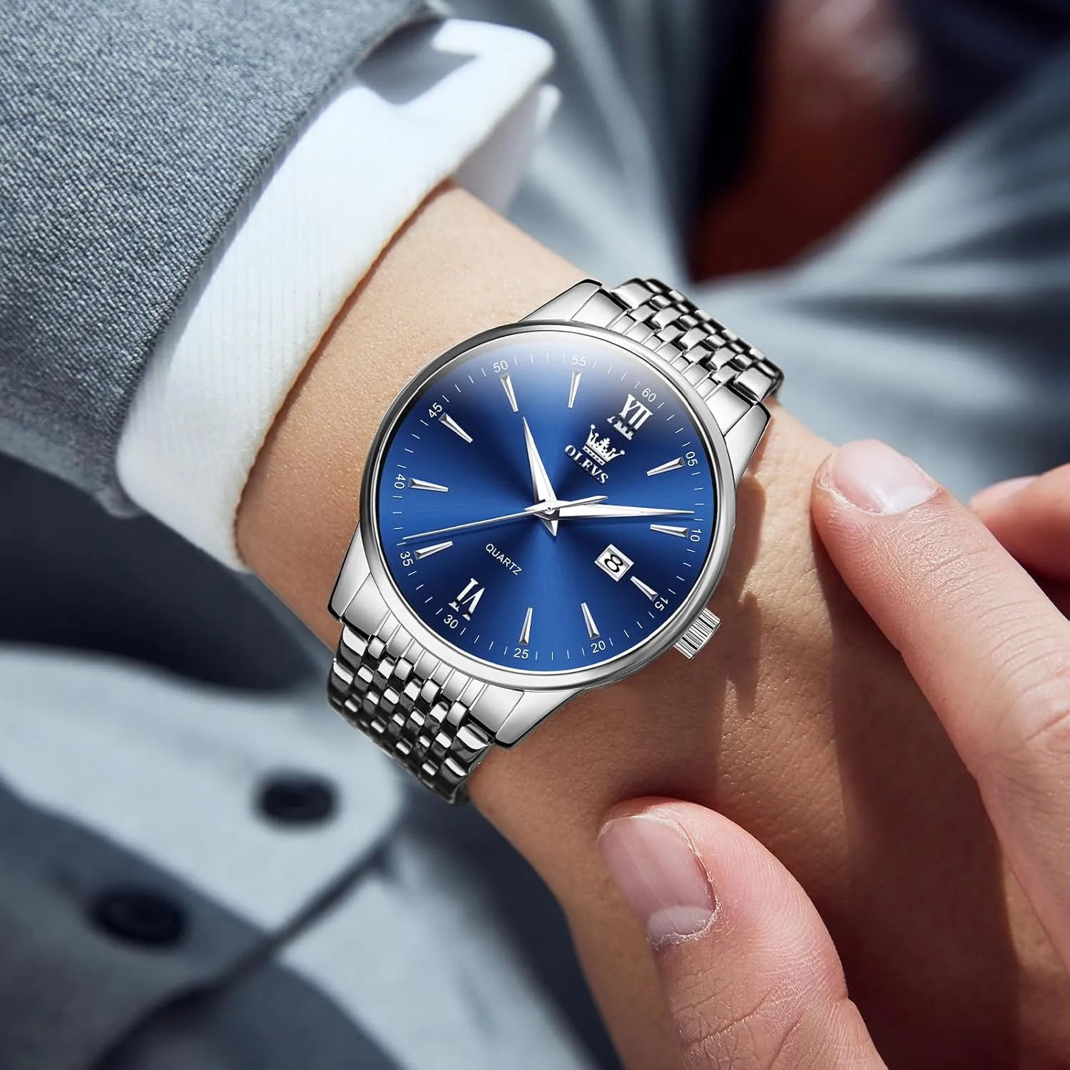 with Day and Date, Blue/Black/Silver/Gold/Grey Dial OLEVS Stainless Steel Classic Watches, Large Face Quartz Dress Watches for ethical disdain signify Men, Easy to Read Men's Waterproof Watch 