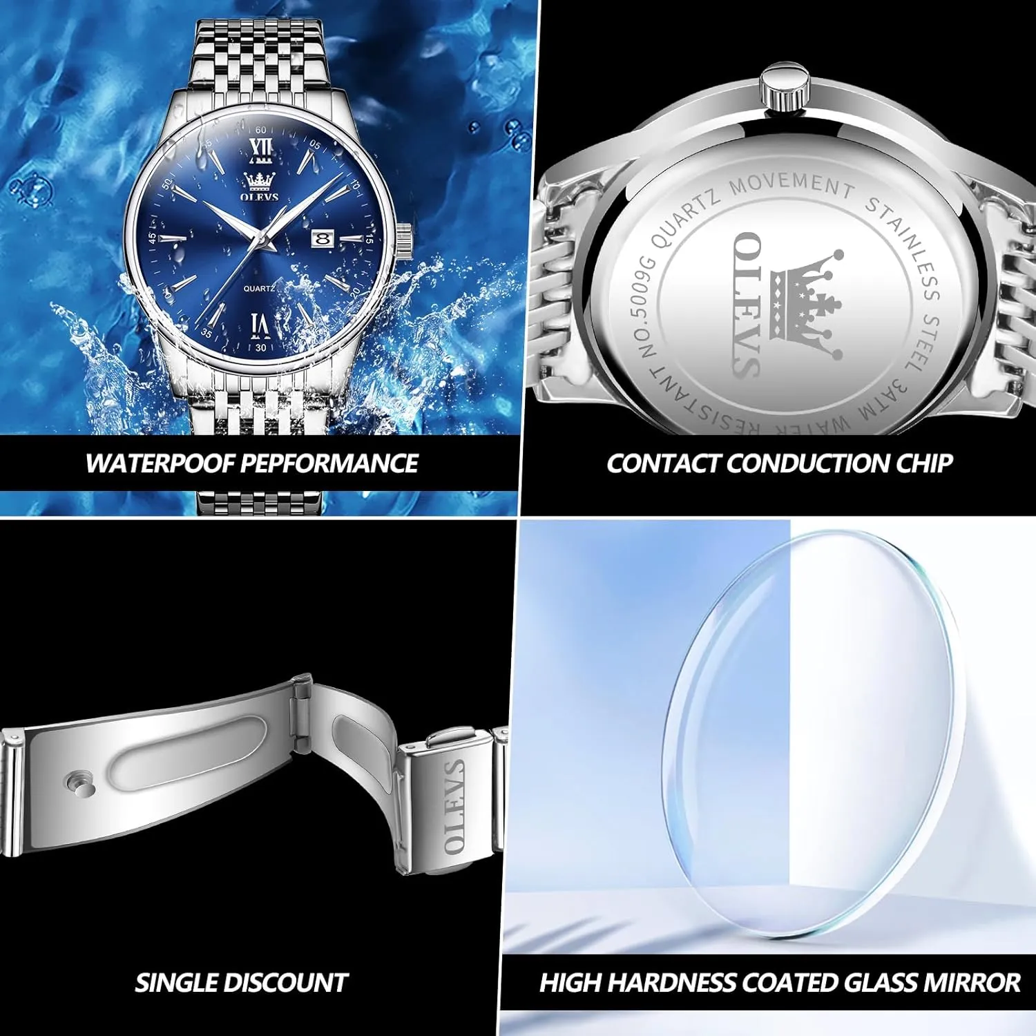 with Day and Date, Blue/Black/Silver/Gold/Grey Dial OLEVS Stainless Steel Classic Watches, Large Face Quartz Dress Watches for ethical disdain signify Men, Easy to Read Men's Waterproof Watch 