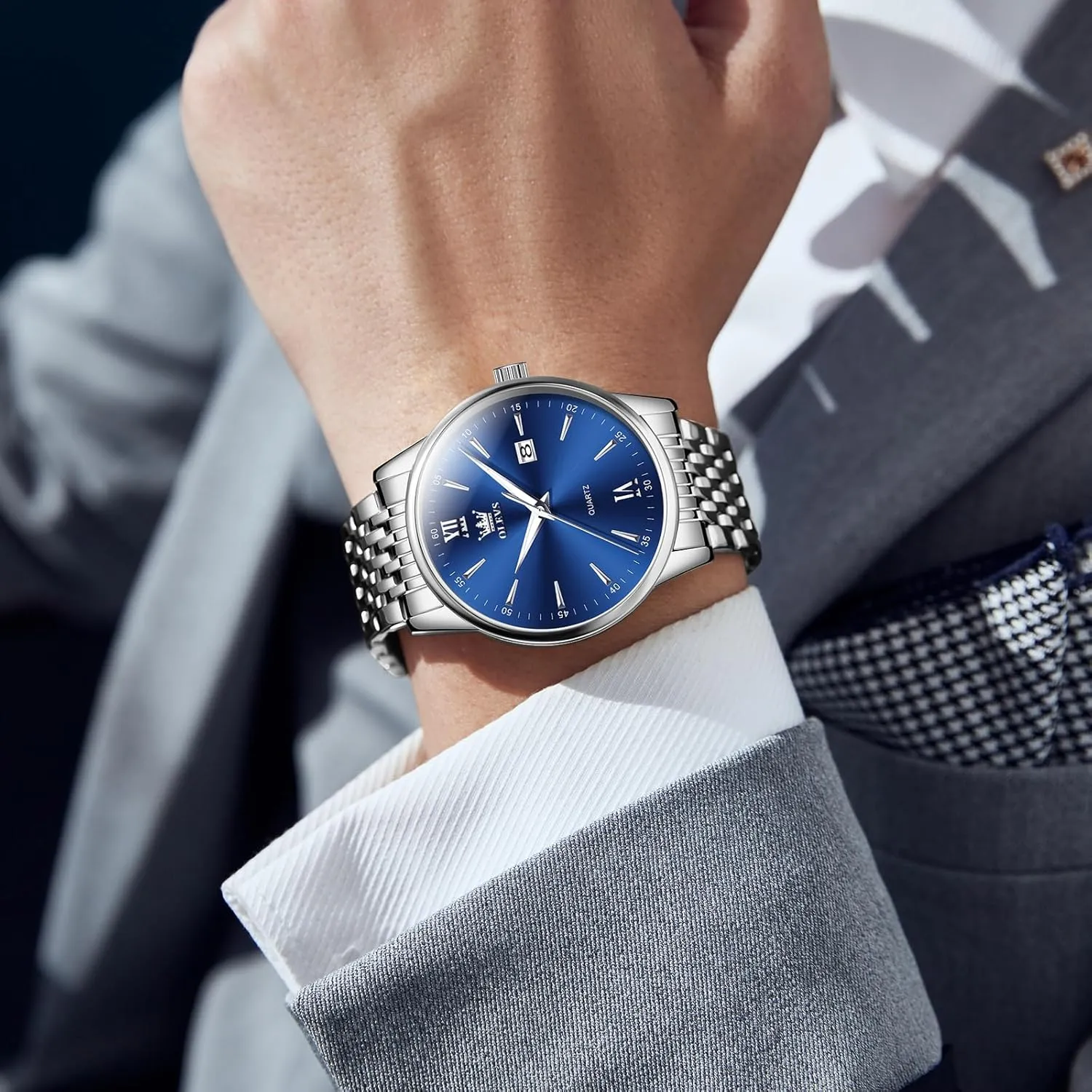 with Day and Date, Blue/Black/Silver/Gold/Grey Dial OLEVS Stainless Steel Classic Watches, Large Face Quartz Dress Watches for ethical disdain signify Men, Easy to Read Men's Waterproof Watch 