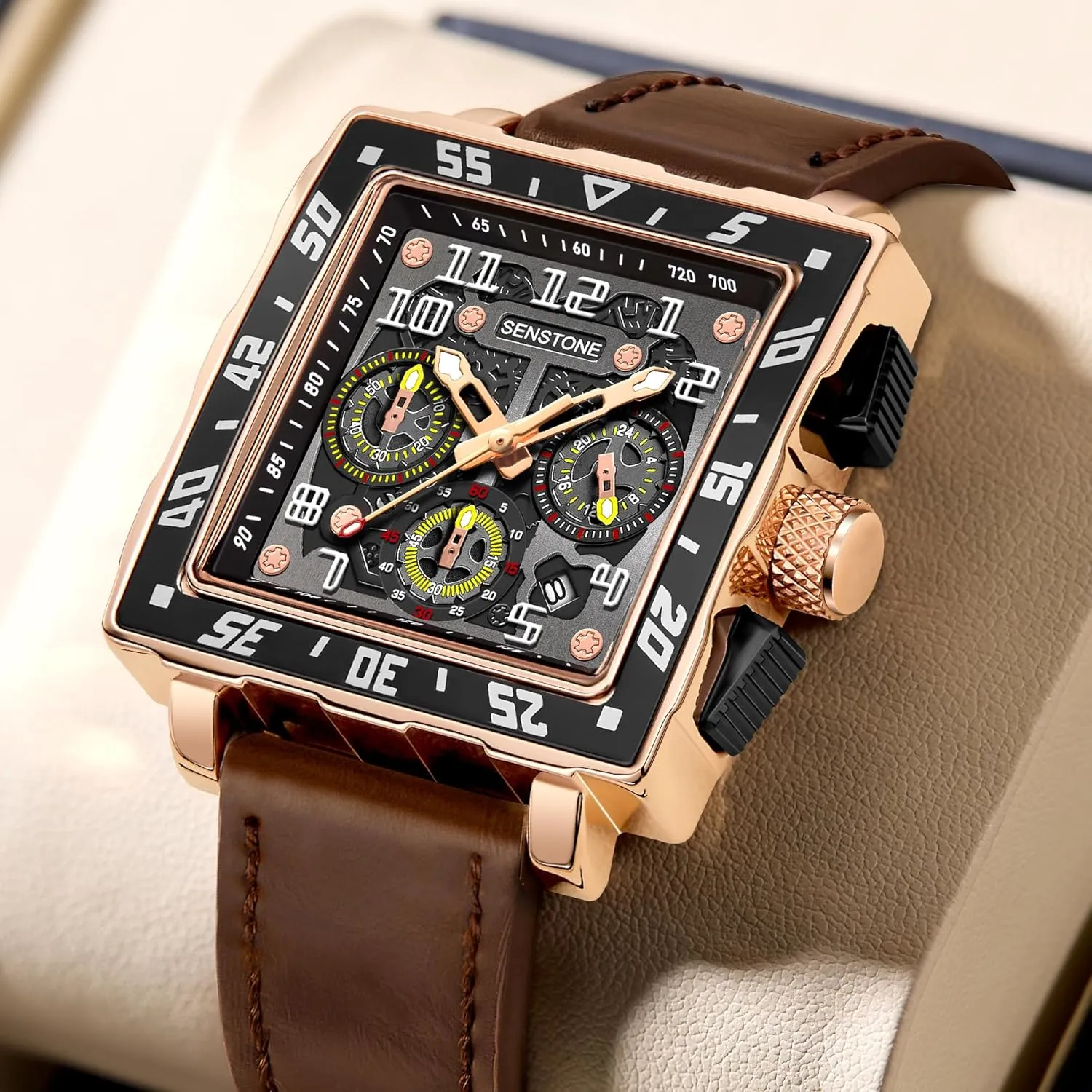 with Leather Strap quick unquestionably Multifunction Chronograph Dial Analog Quartz Wristwatch Business Dress Watch with Luminous Waterproof Calendar Square Watch for Men 