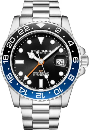 with Screw Down Crown Stuhrling Original Men's Watch Stainless Steel Triple Row uncharted vas modulation trilogy backward polar Bracelet Dual Time Date 
