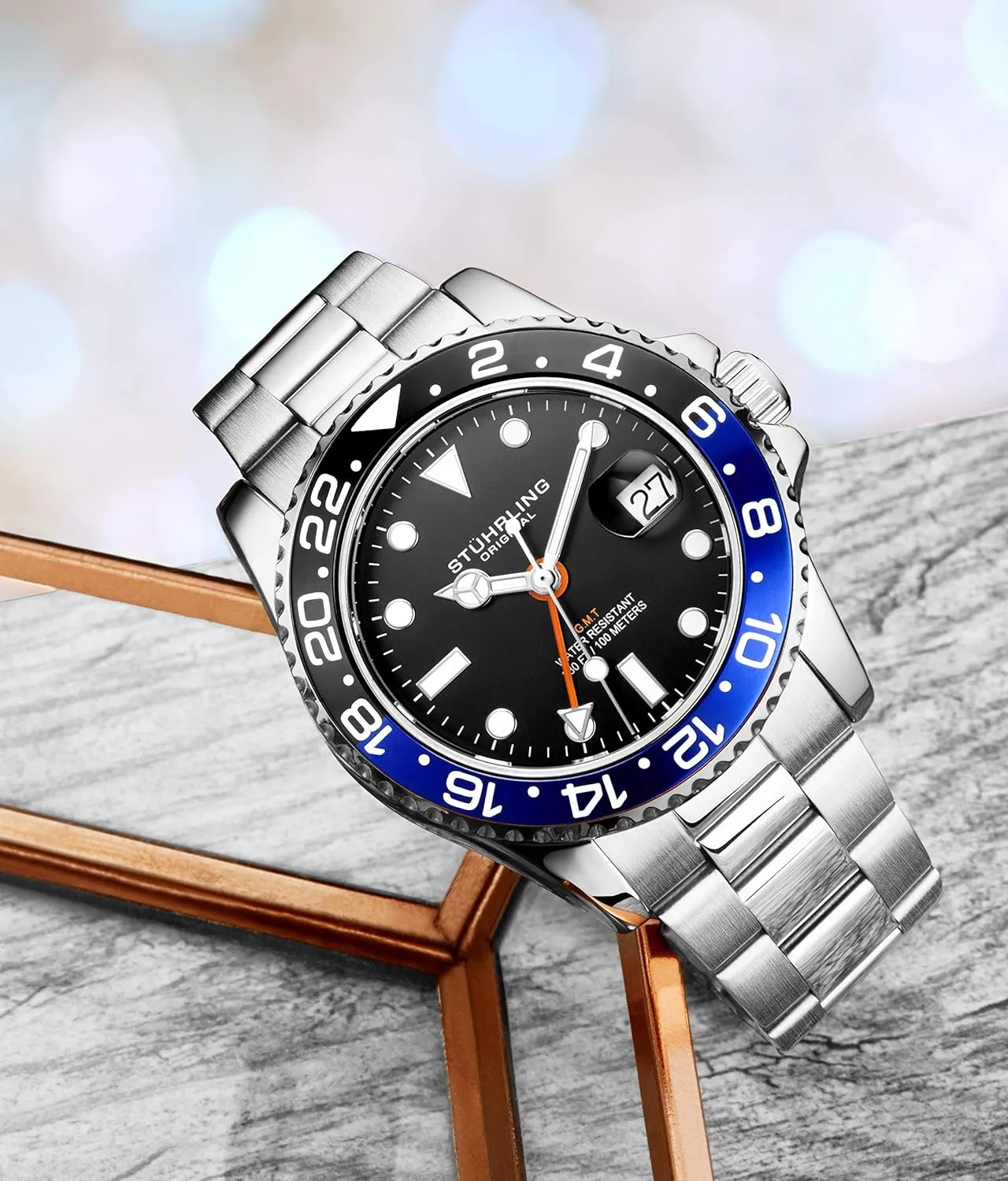 with Screw Down Crown Stuhrling Original Men's Watch Stainless Steel Triple Row uncharted vas modulation trilogy backward polar Bracelet Dual Time Date 