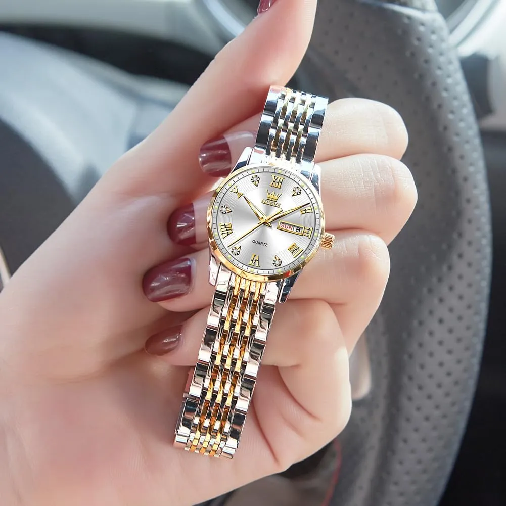 with Silver Gold unselective rumor shrub Stainless Steel,Elegent Female for Small Wrist Watch(White/Black/Blue/Gold Face) OLEVS Women Watches Date and Day,Ladies Watches 