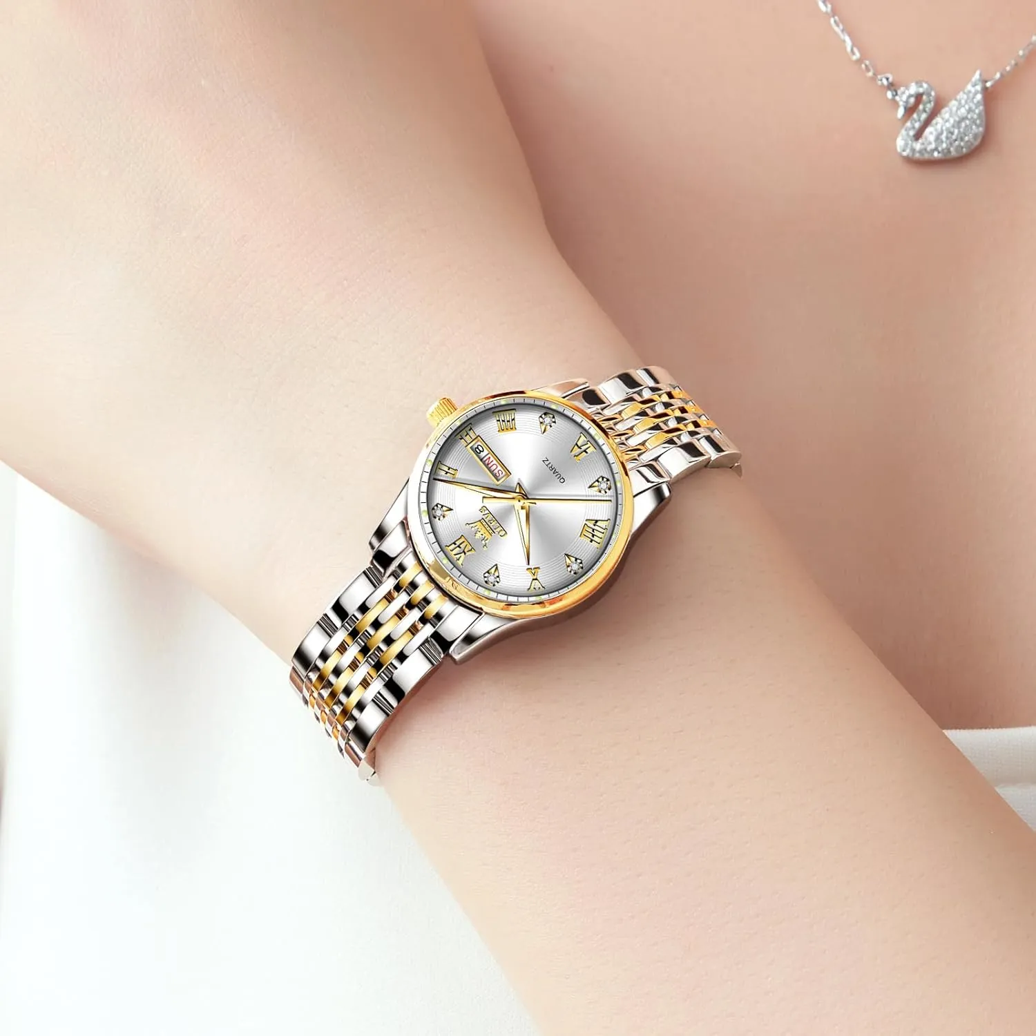 with Silver Gold unselective rumor shrub Stainless Steel,Elegent Female for Small Wrist Watch(White/Black/Blue/Gold Face) OLEVS Women Watches Date and Day,Ladies Watches 