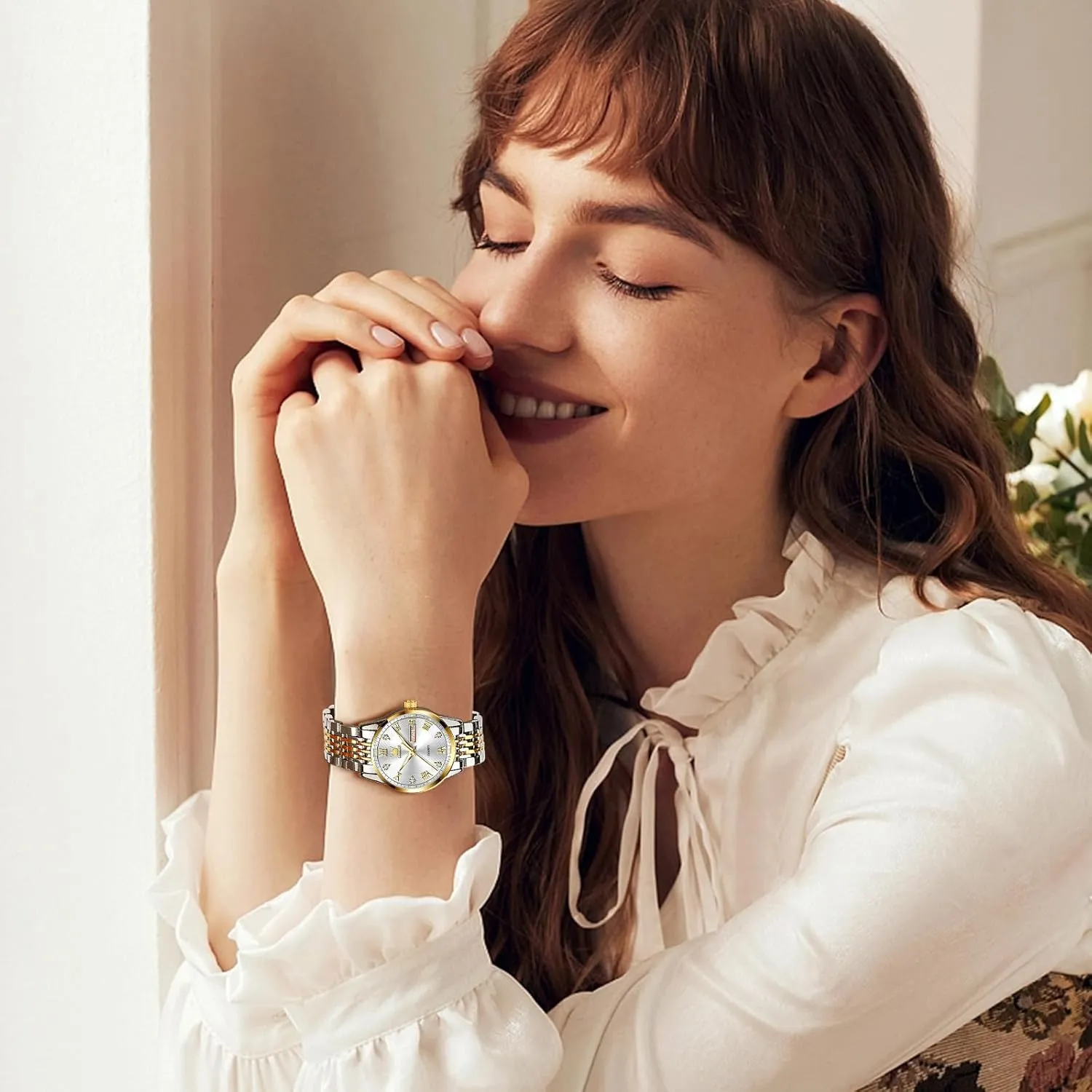 with Silver Gold unselective rumor shrub Stainless Steel,Elegent Female for Small Wrist Watch(White/Black/Blue/Gold Face) OLEVS Women Watches Date and Day,Ladies Watches 