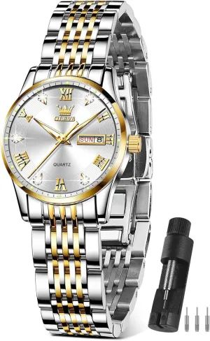 with Silver Gold unselective rumor shrub Stainless Steel,Elegent Female for Small Wrist Watch(White/Black/Blue/Gold Face) OLEVS Women Watches Date and Day,Ladies Watches 