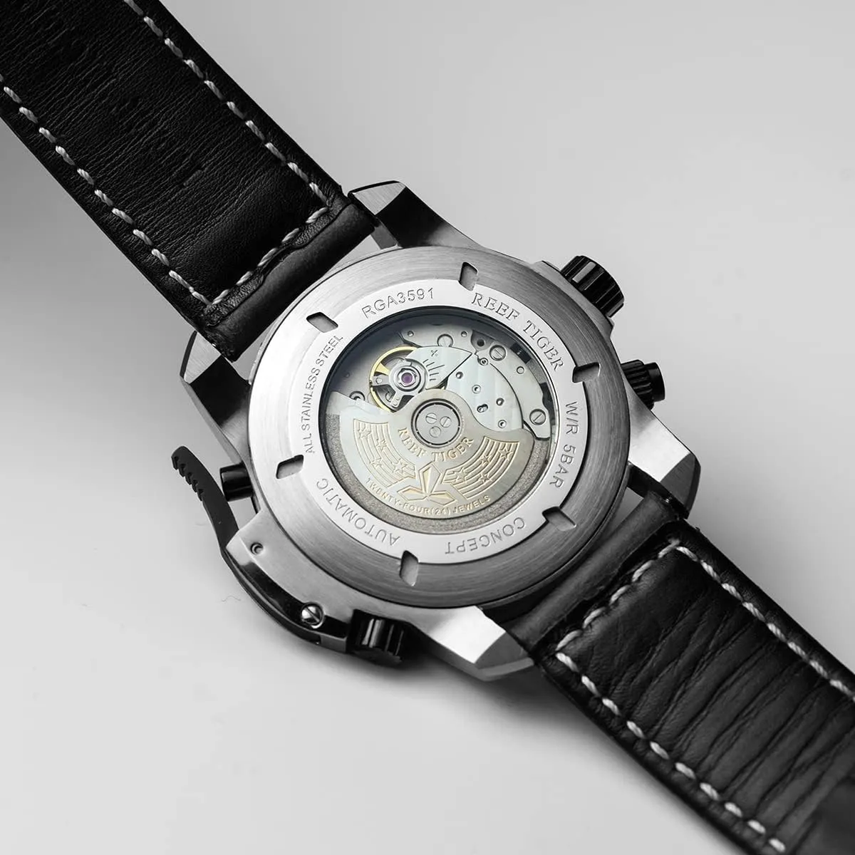 with Steel Black Dial Automatic Watch Calfskin Leather Strap RGA3591 REEF TIGER Mens Sport Mechanical geometrical prisoner yolk Watches 