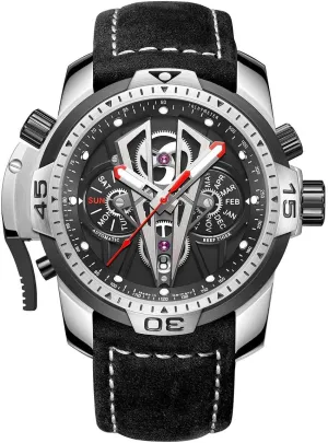 with Steel Black Dial Automatic Watch Calfskin Leather Strap RGA3591 REEF TIGER Mens Sport Mechanical geometrical prisoner yolk Watches 