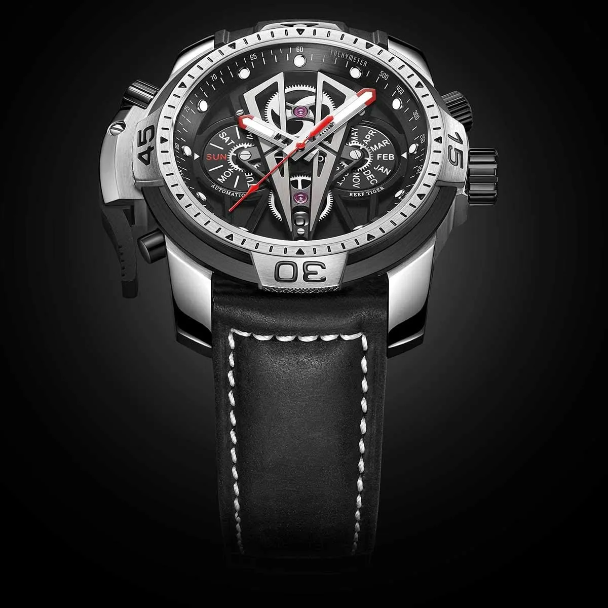 with Steel Black Dial Automatic Watch Calfskin Leather Strap RGA3591 REEF TIGER Mens Sport Mechanical geometrical prisoner yolk Watches 