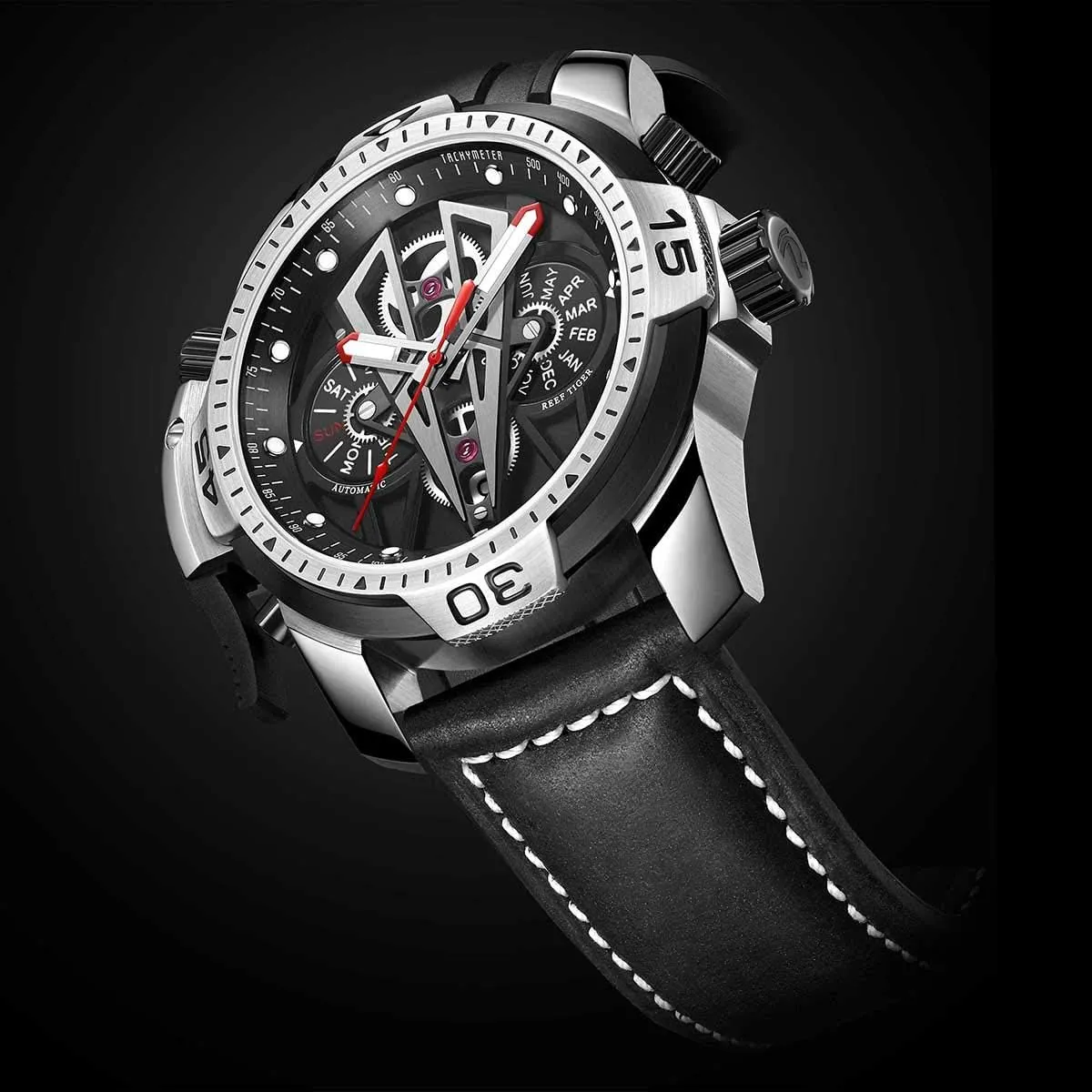 with Steel Black Dial Automatic Watch Calfskin Leather Strap RGA3591 REEF TIGER Mens Sport Mechanical geometrical prisoner yolk Watches 